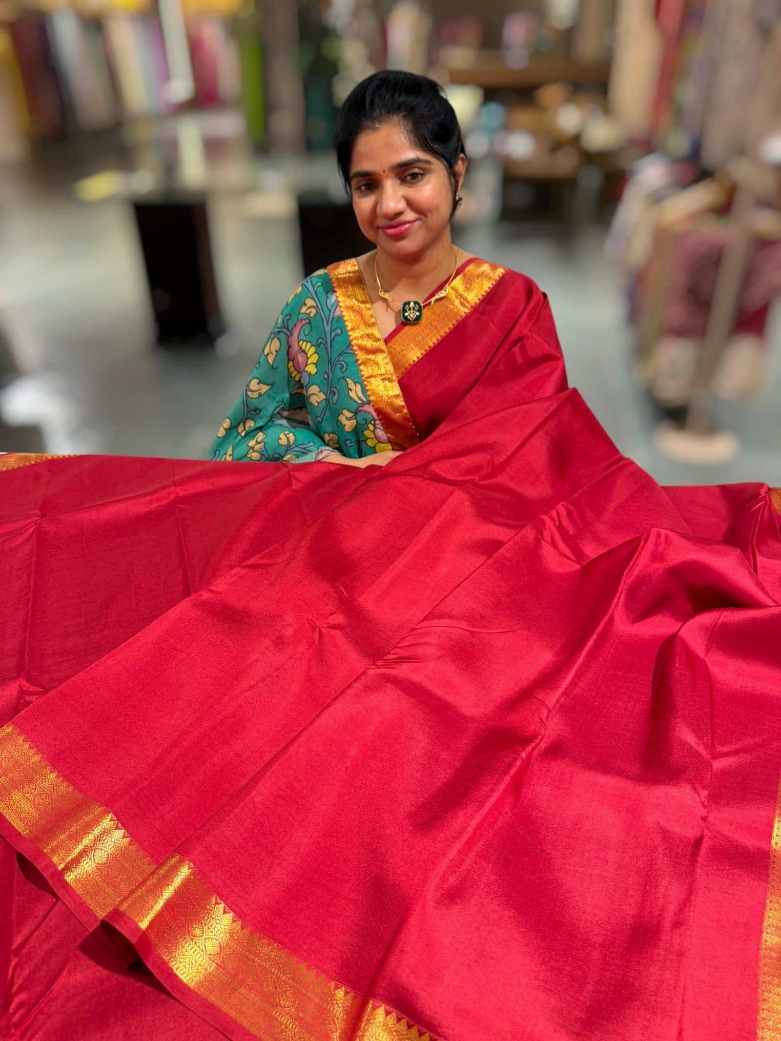 Maroon Red vintage Kanchipuram silk saree with pen kalamkari blouse