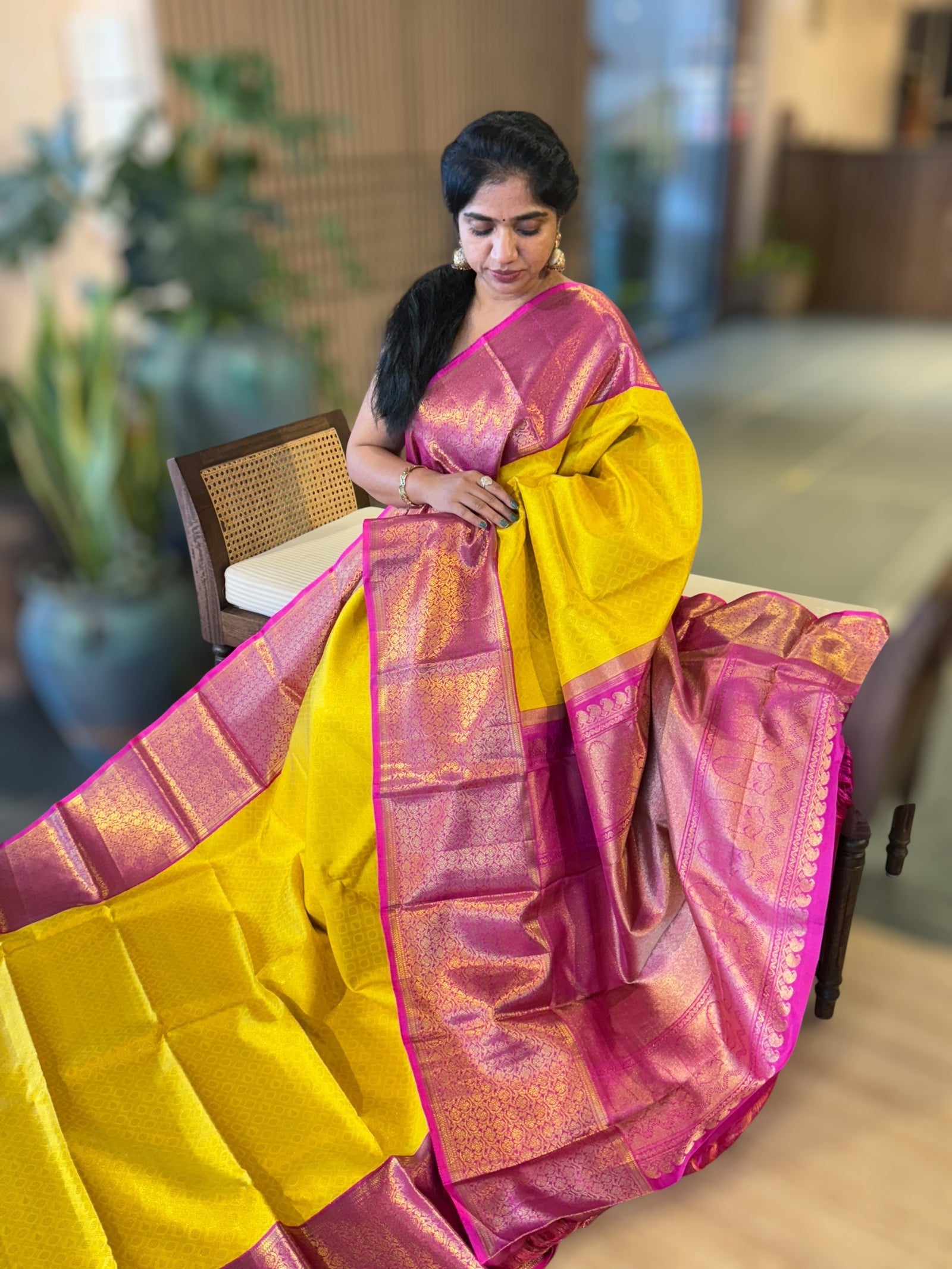 Yellow and Rani Pink Combo kanchi brocade designer kuttu border saree