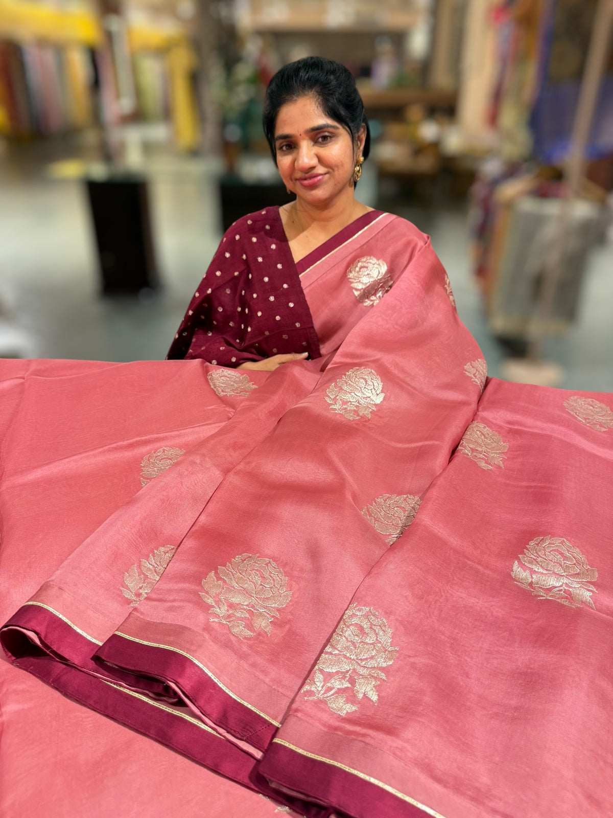 Onion Pink Pure Organza with embroidery