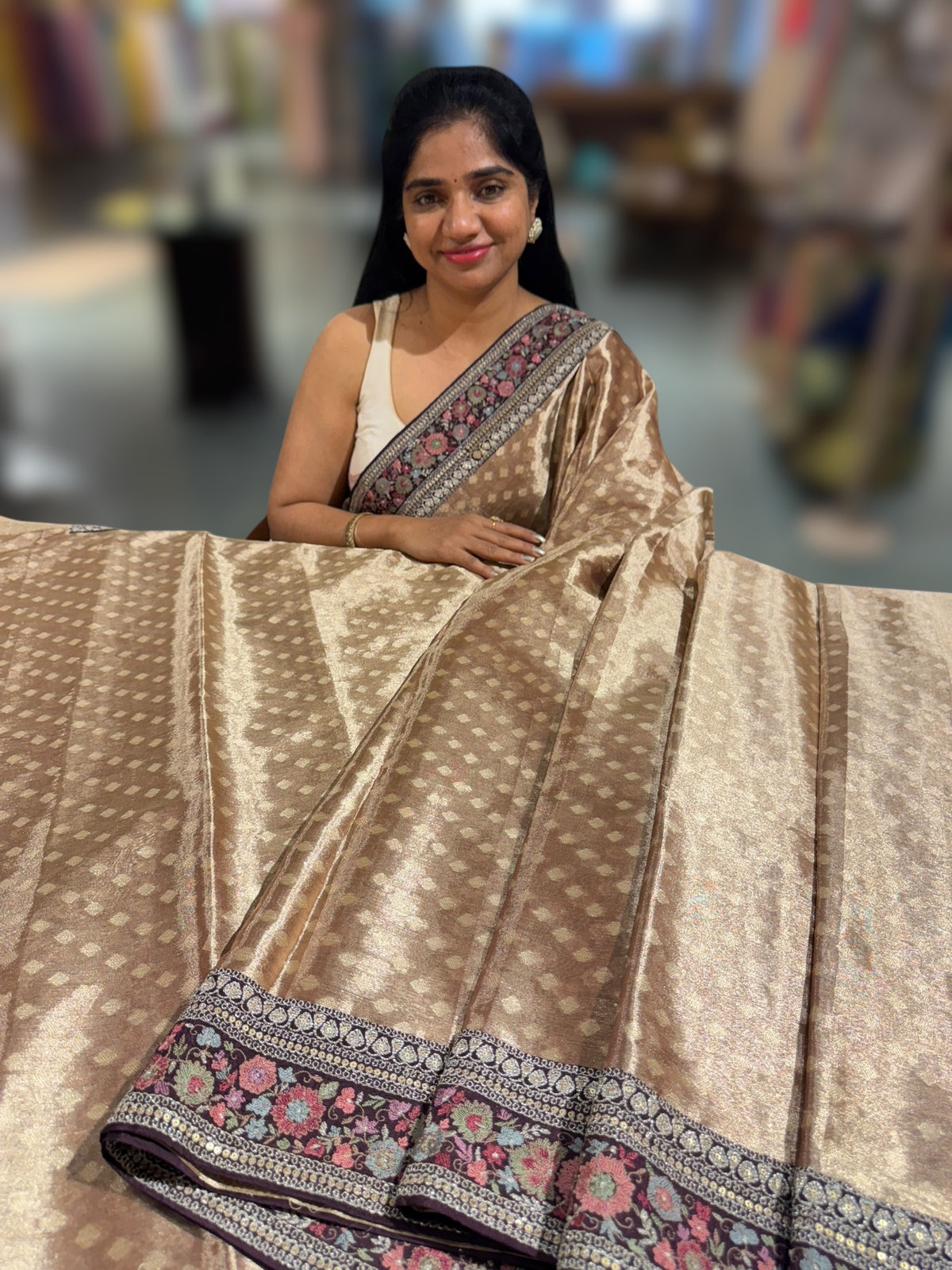 Antique Brown Banarasi brocade tissue saree with sabhya borders