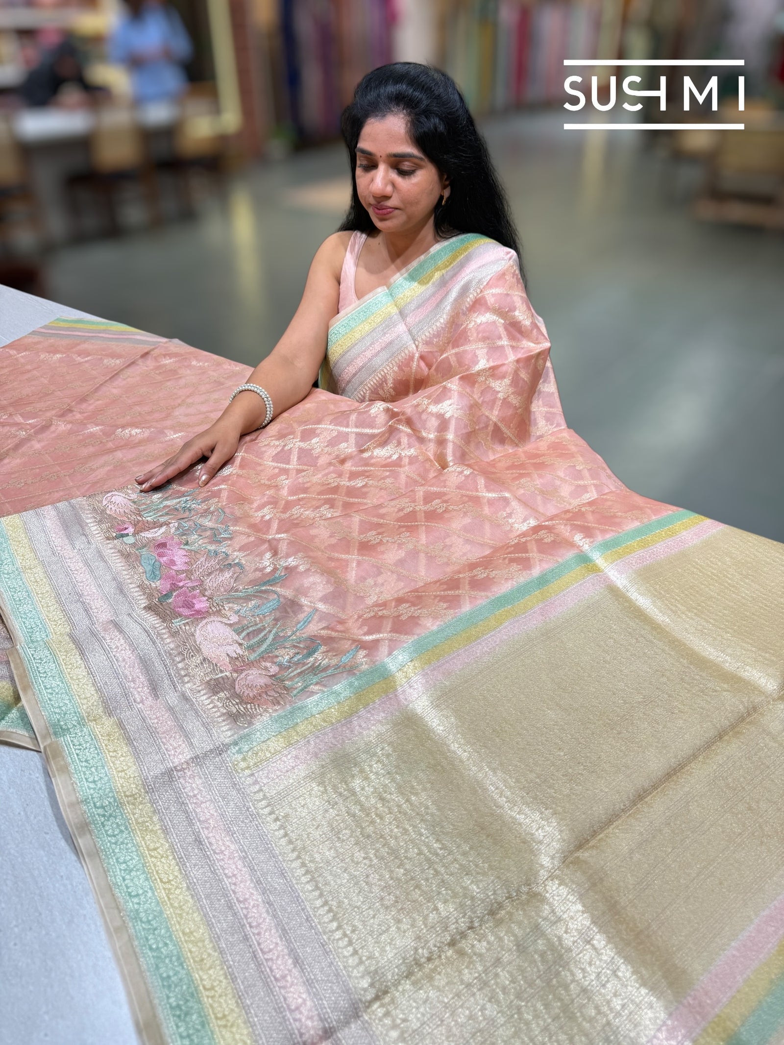 Peach Pink Designer Kora Banarasi Saree: S62F231