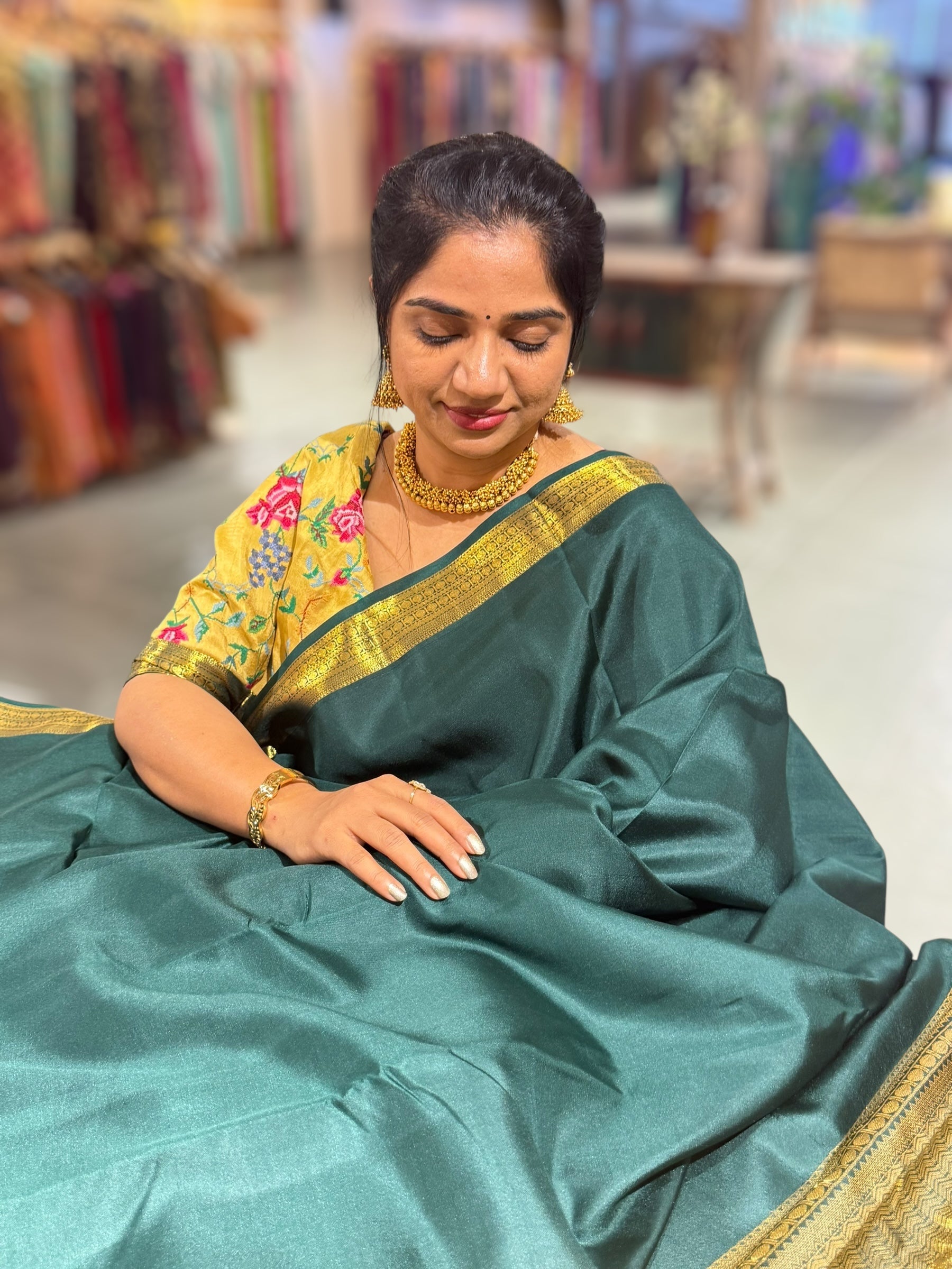 Bottle Green Kanchi Vintage Saree with Petite Point Embroidered Blouse