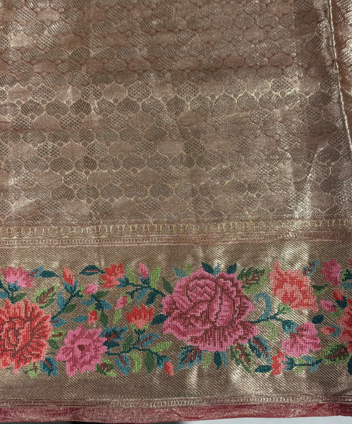 Meroon Red Base Banarasi Tissue Brocade Saree with Petite Point Embroidered Border