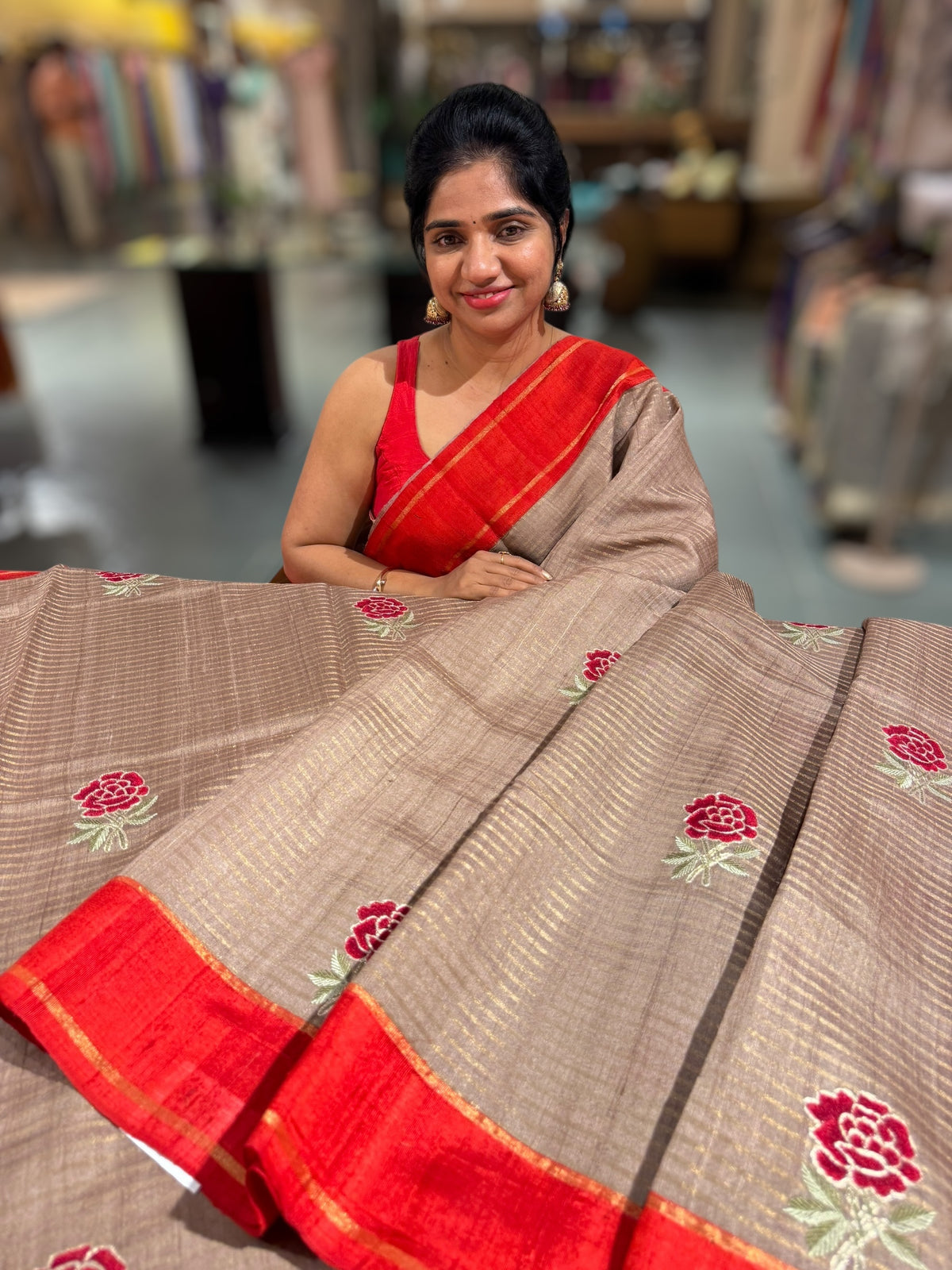 Chickoo Tussar Tissue and Silk fusion Saree with embroidery
