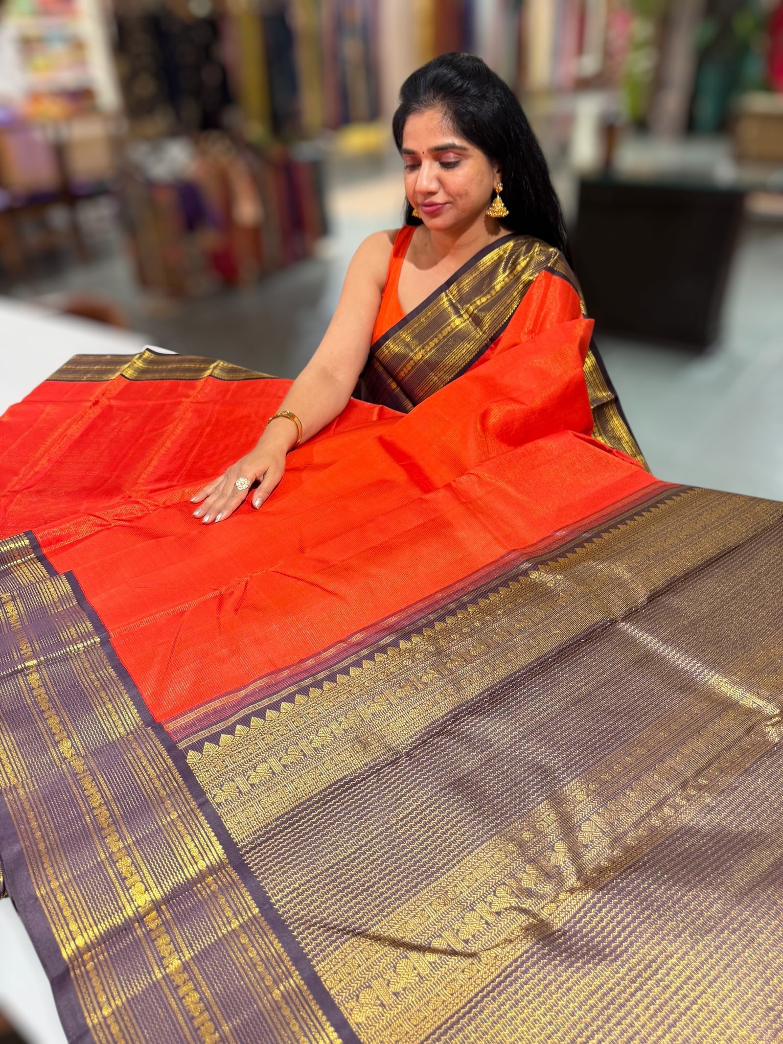 Orange & Dark Brown Combo Vaira Oosi Stripes Vintage Kanjeevaram Saree