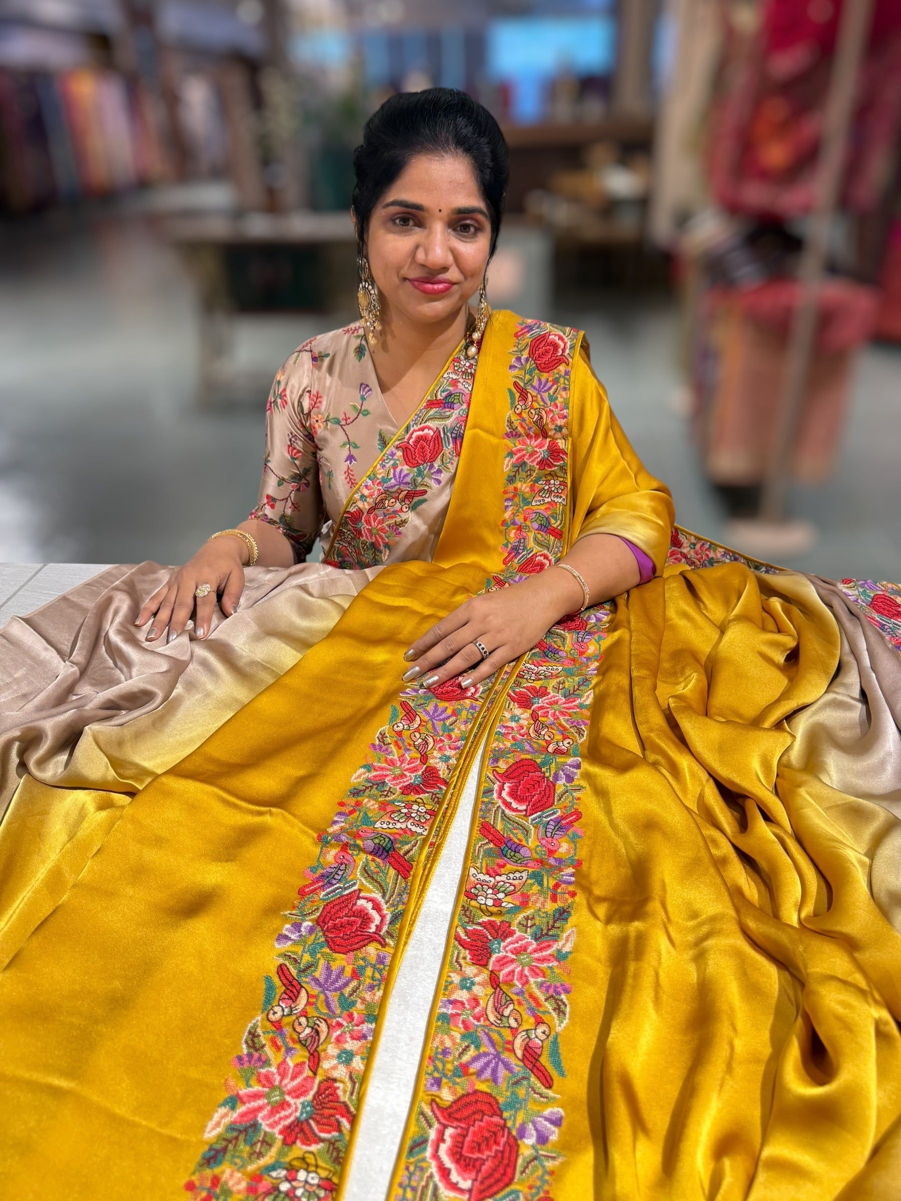 Pure Satin Ombre Dyed Saree with Petite Point Embroidered Border and blouse.