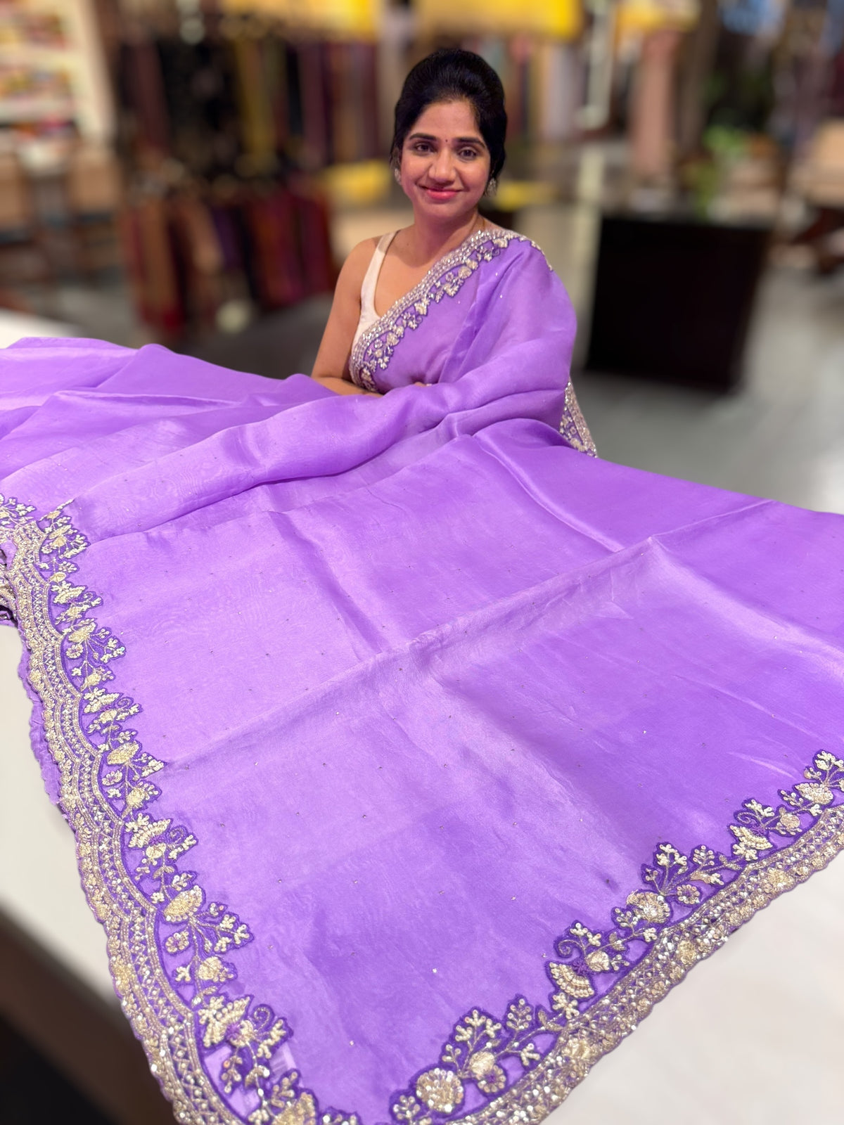 Lilac pure organza with handwork