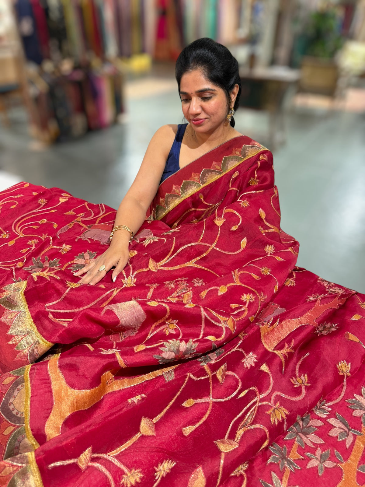 Dark Red Designer Organza Saree with Stunning Tissue Applique work Saree with Village theme