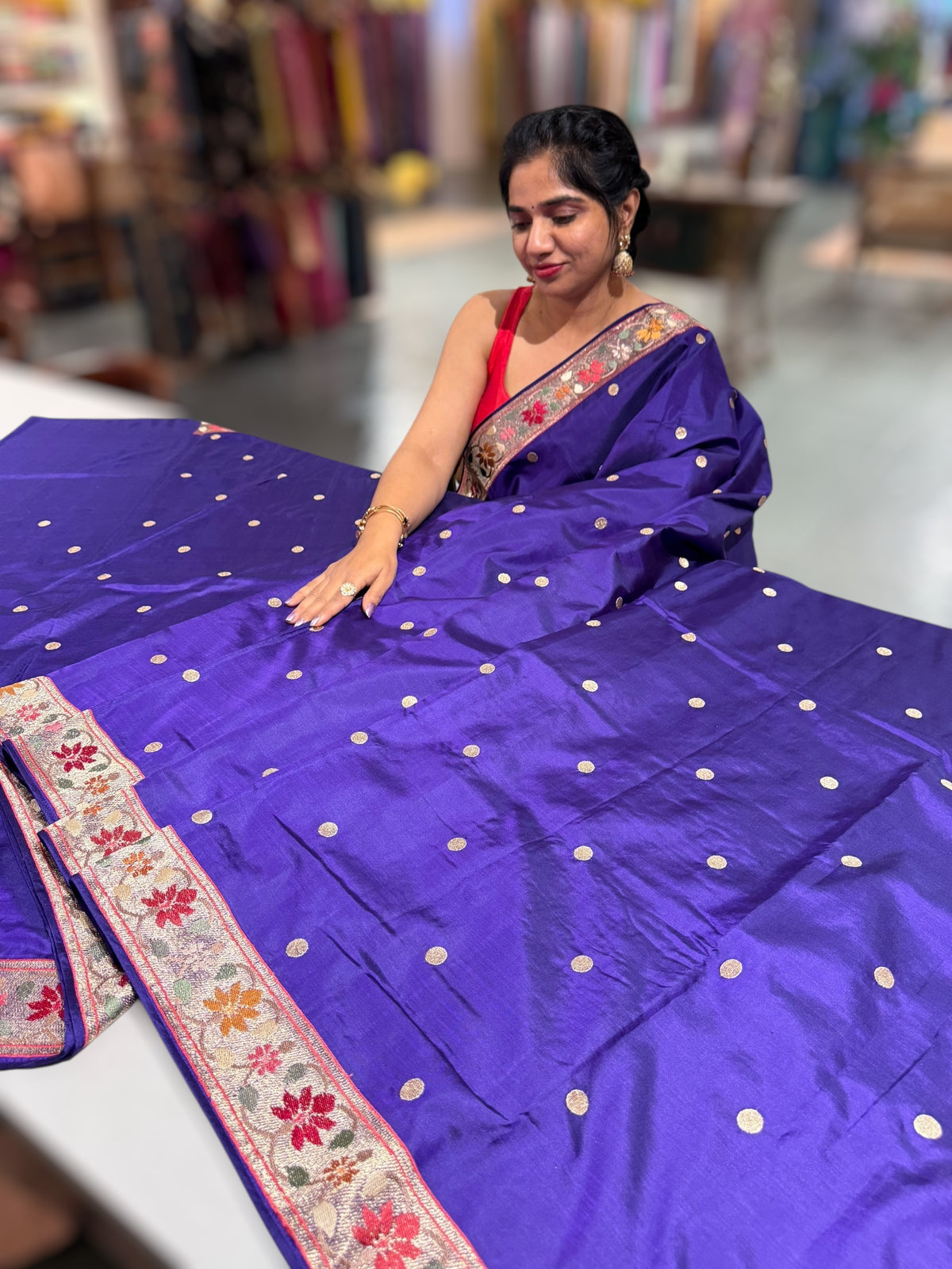 Violet Kanchi soft silk saree with pythani and jamdani inspired embroidery