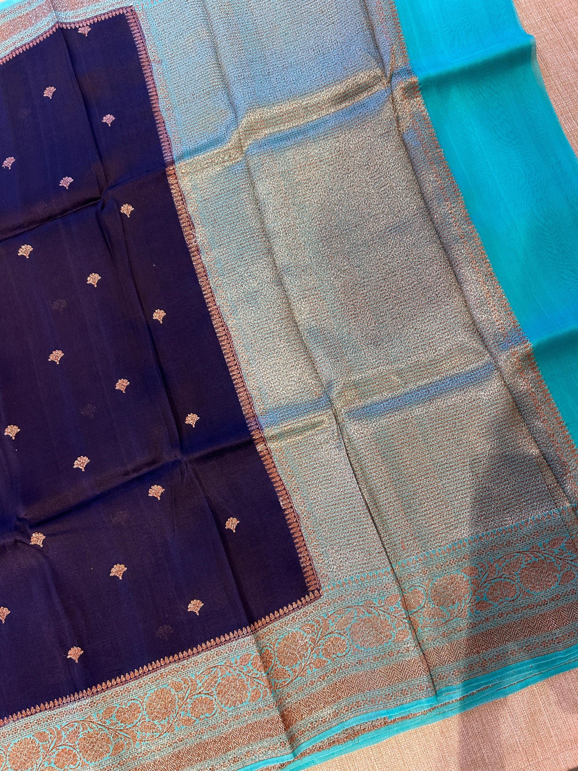 Purplish navy with blue Combo Pure Handloom premium Kora Banarasi Saree