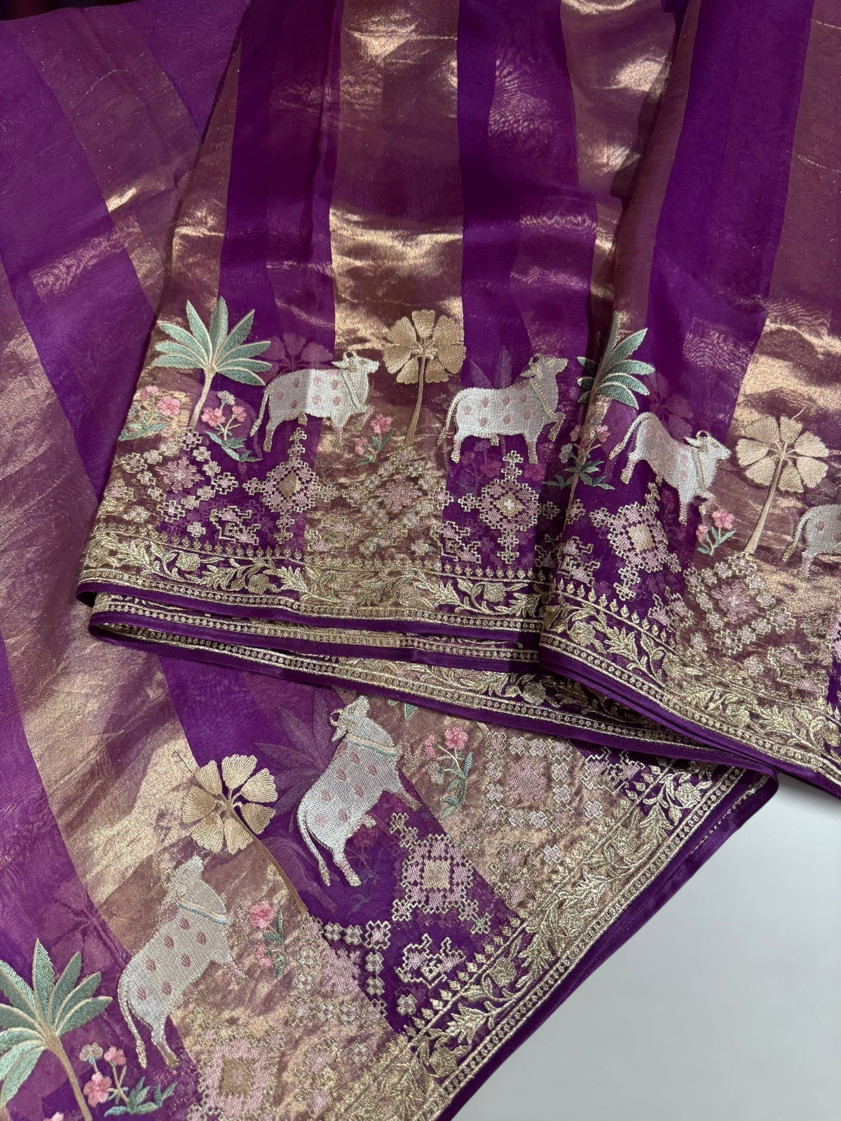 Purple Kora Tissue Stripes Saree With Jamdani  & Pichwai embroidered Border