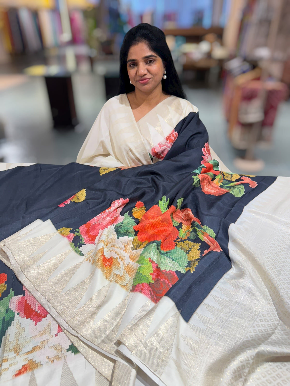 Kanchi soft silk Designer printed saree with temple border