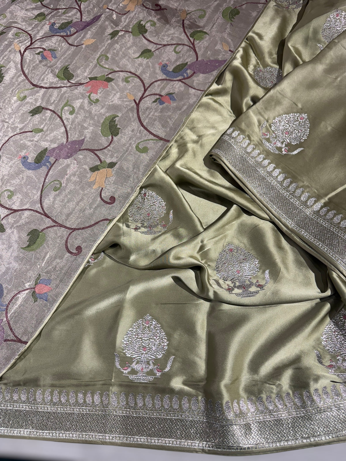 Light Pista Pure Satin Saree with Embroidery.