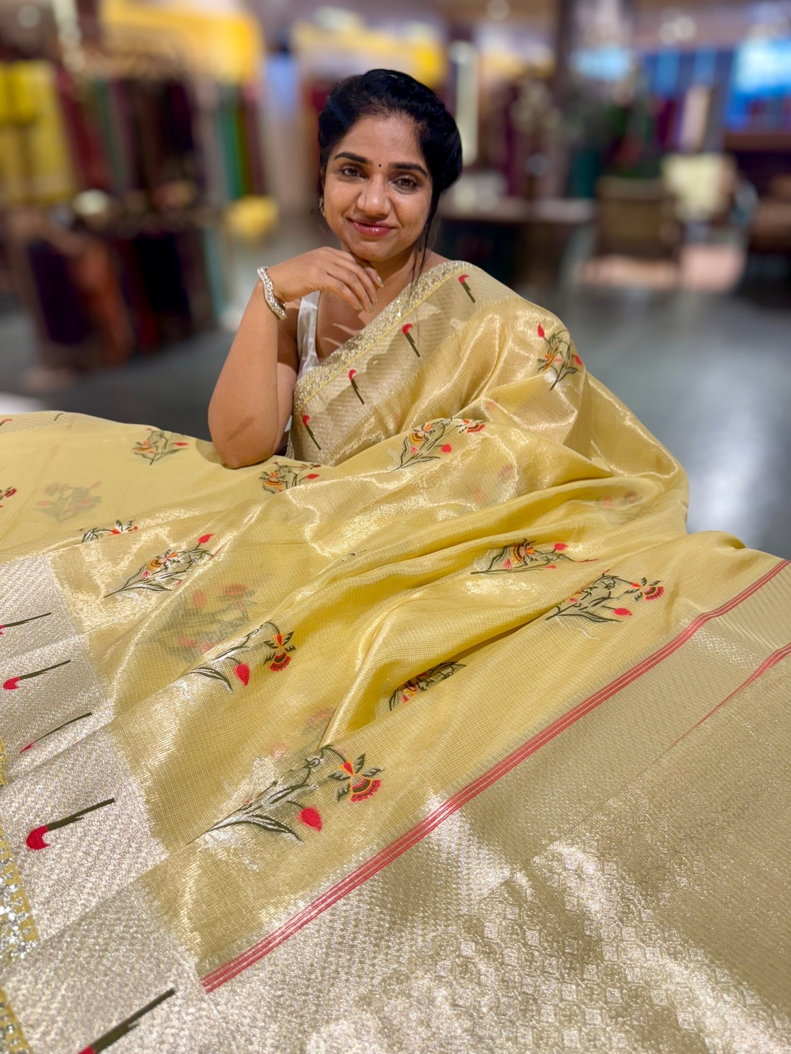 Pastel Yellow Tissue Kota Saree With sabhyasachi Borders and Blouses