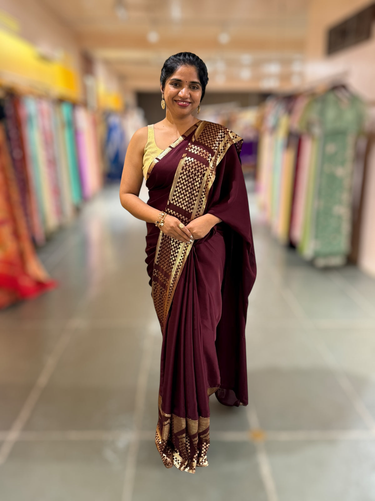 Burgundy Pure Satin Saree with designer sequence border and blouse