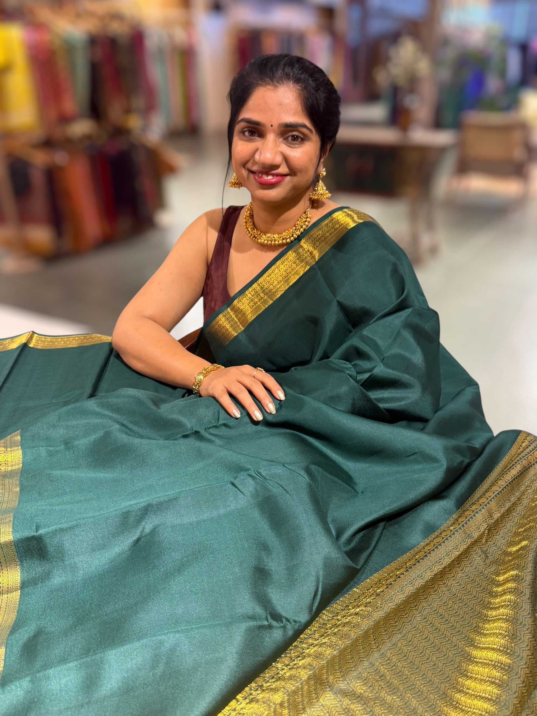 Bottle Green Kanchi Vintage Saree with Petite Point Embroidered Blouse