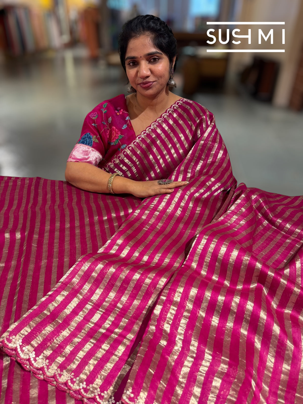 Beetroot Pink Mul tissue stripes saree with fusion blouse : D62138