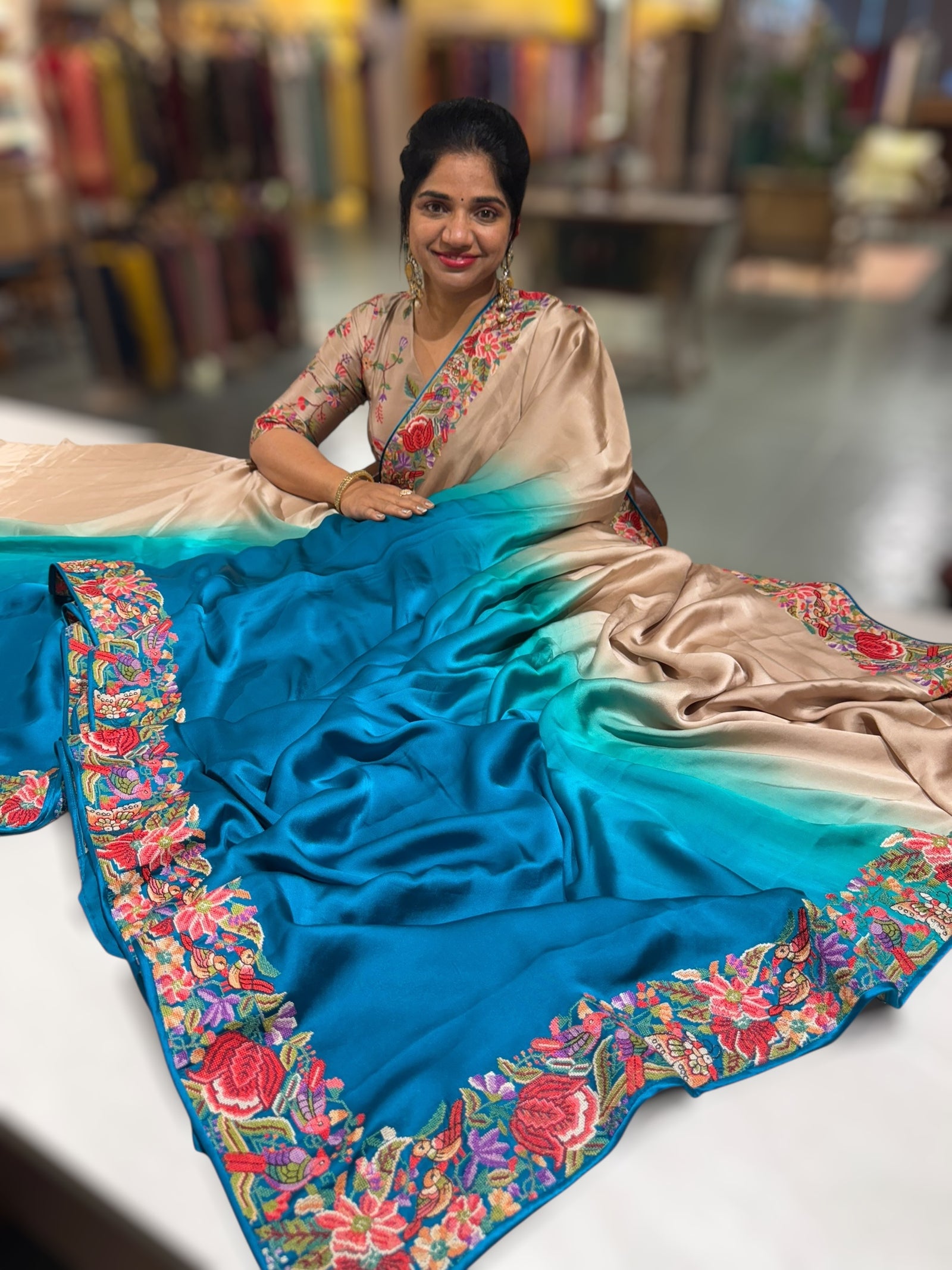Pure Satin Ombre Dyed Saree with Petite Point Embroidered Border and blouse.
