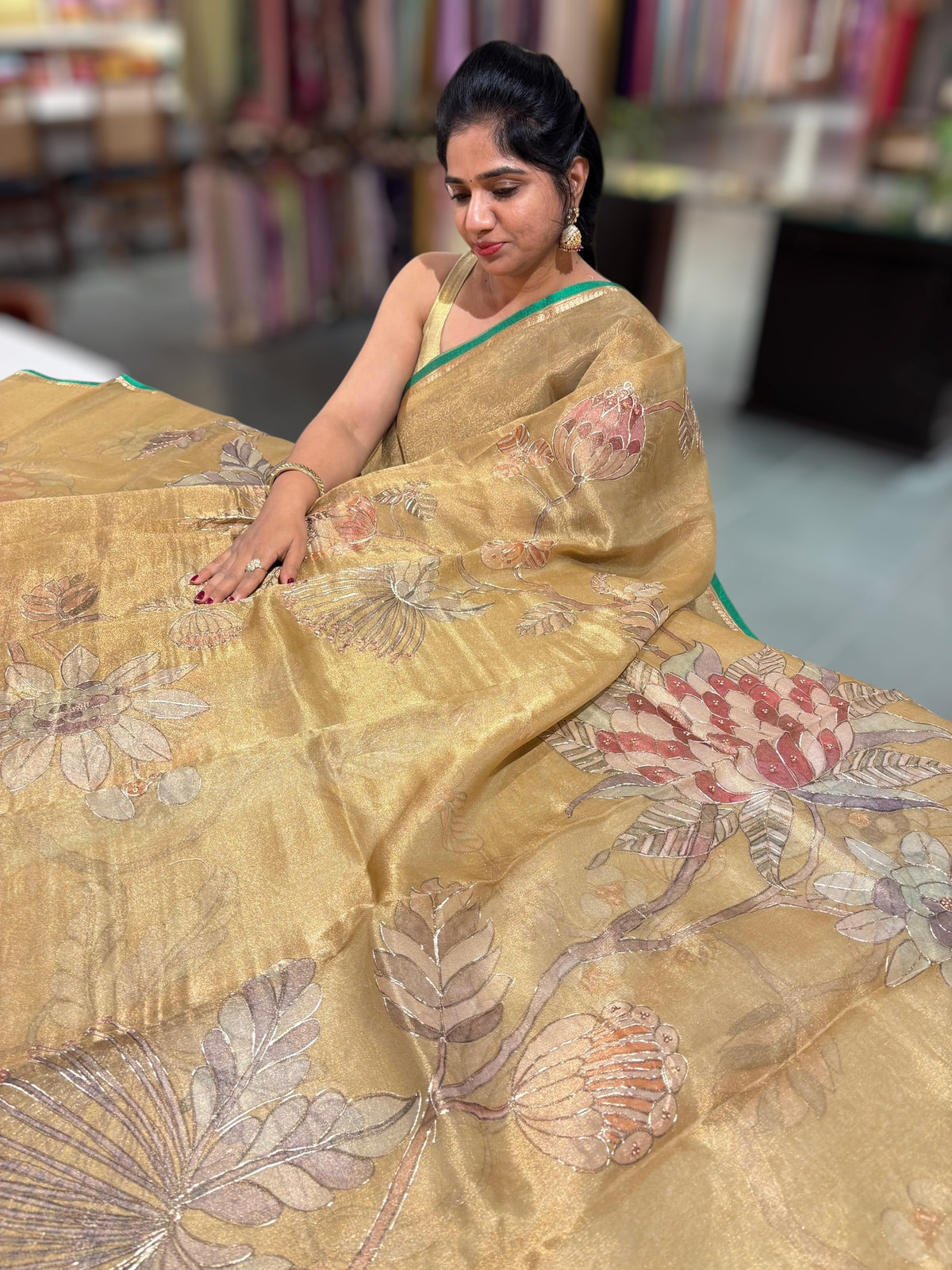 Gold Printed Banarasi Tissue with Handwork