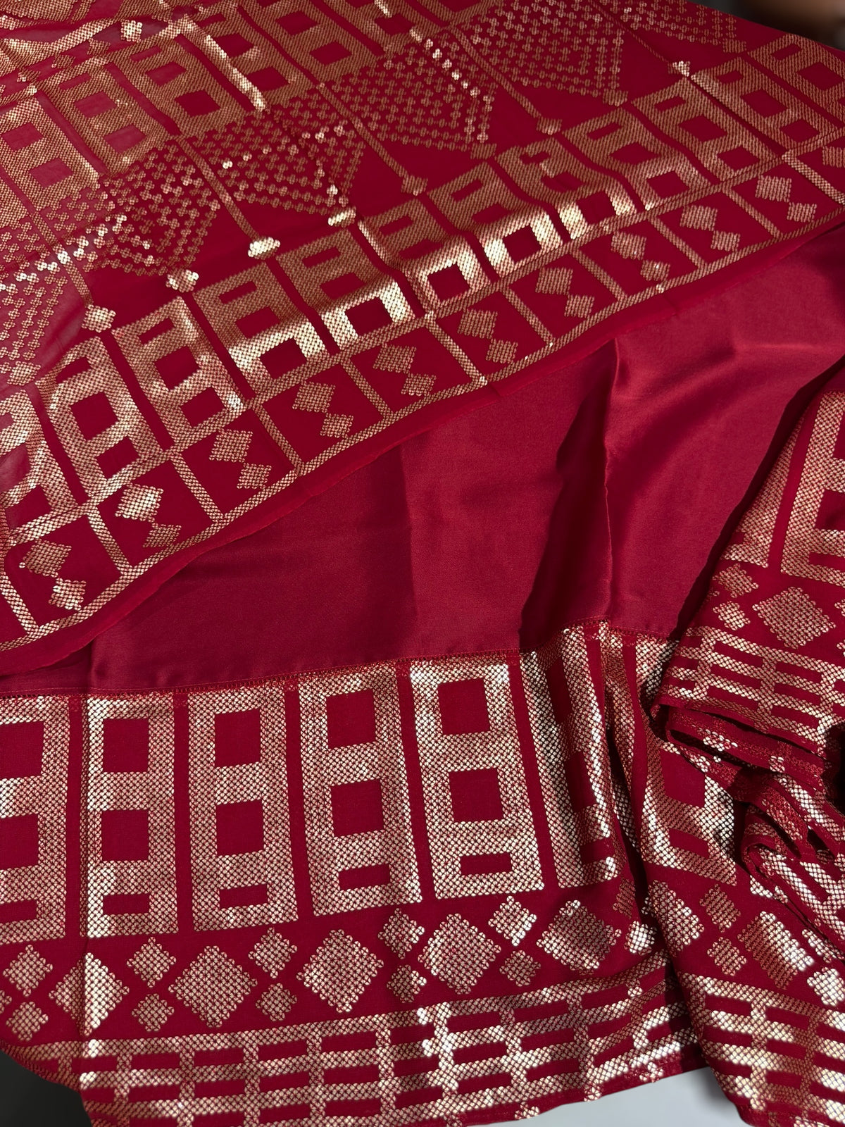 Meroonish Red pure Satin Saree with designer sequence border and blouse
