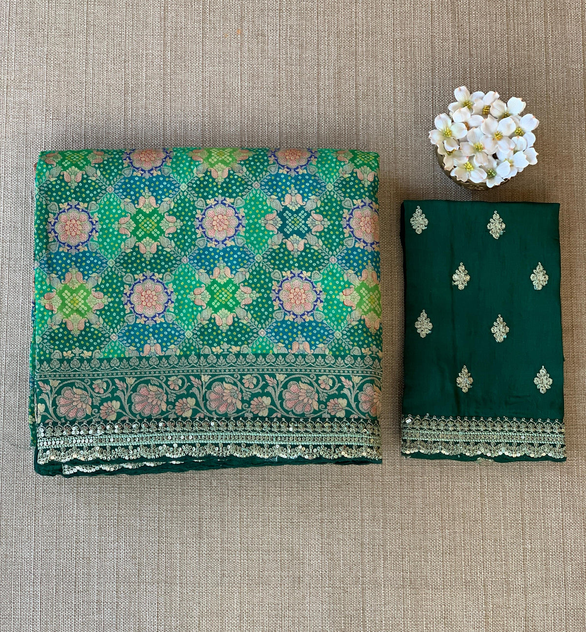 Emerald Green & Blue Banarasi bandhini georgette