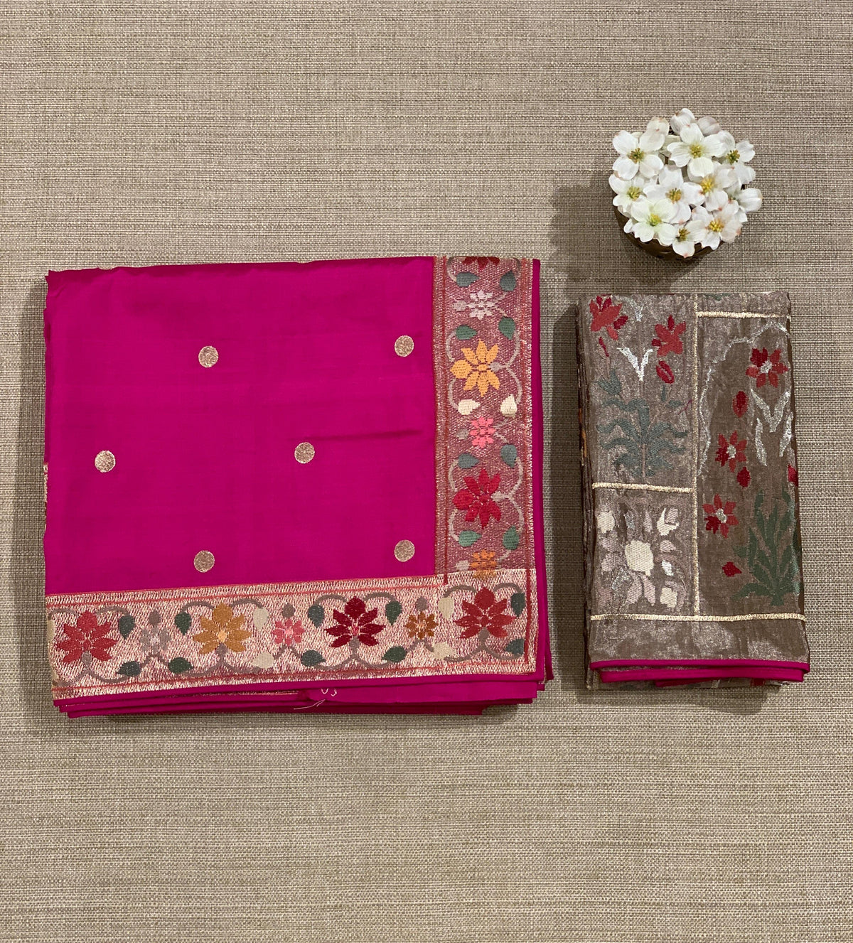 Rani Pink Kanchi soft silk saree with pythani and jamdani inspired embroidery
