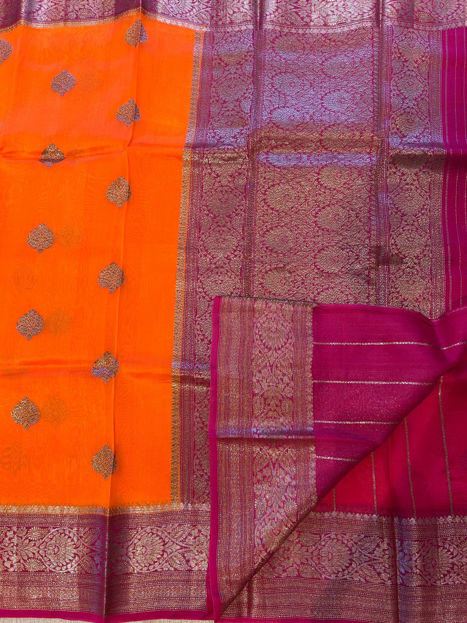 Orange and pink Combo Pure Handloom premium Kora Banarasi Saree