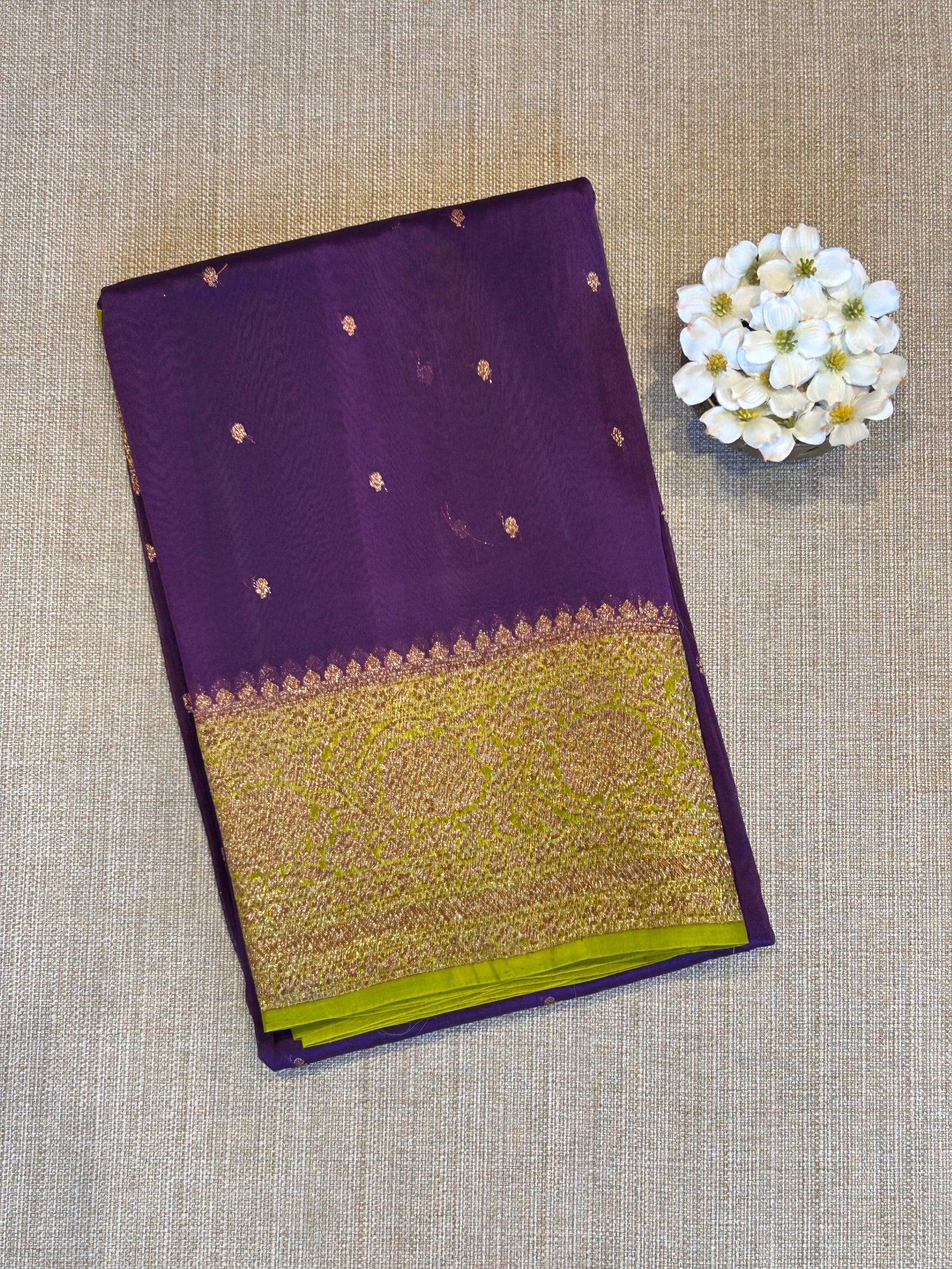 Brinjal & Neon Green Combo Pure Handloom premium Kora Banarasi Saree