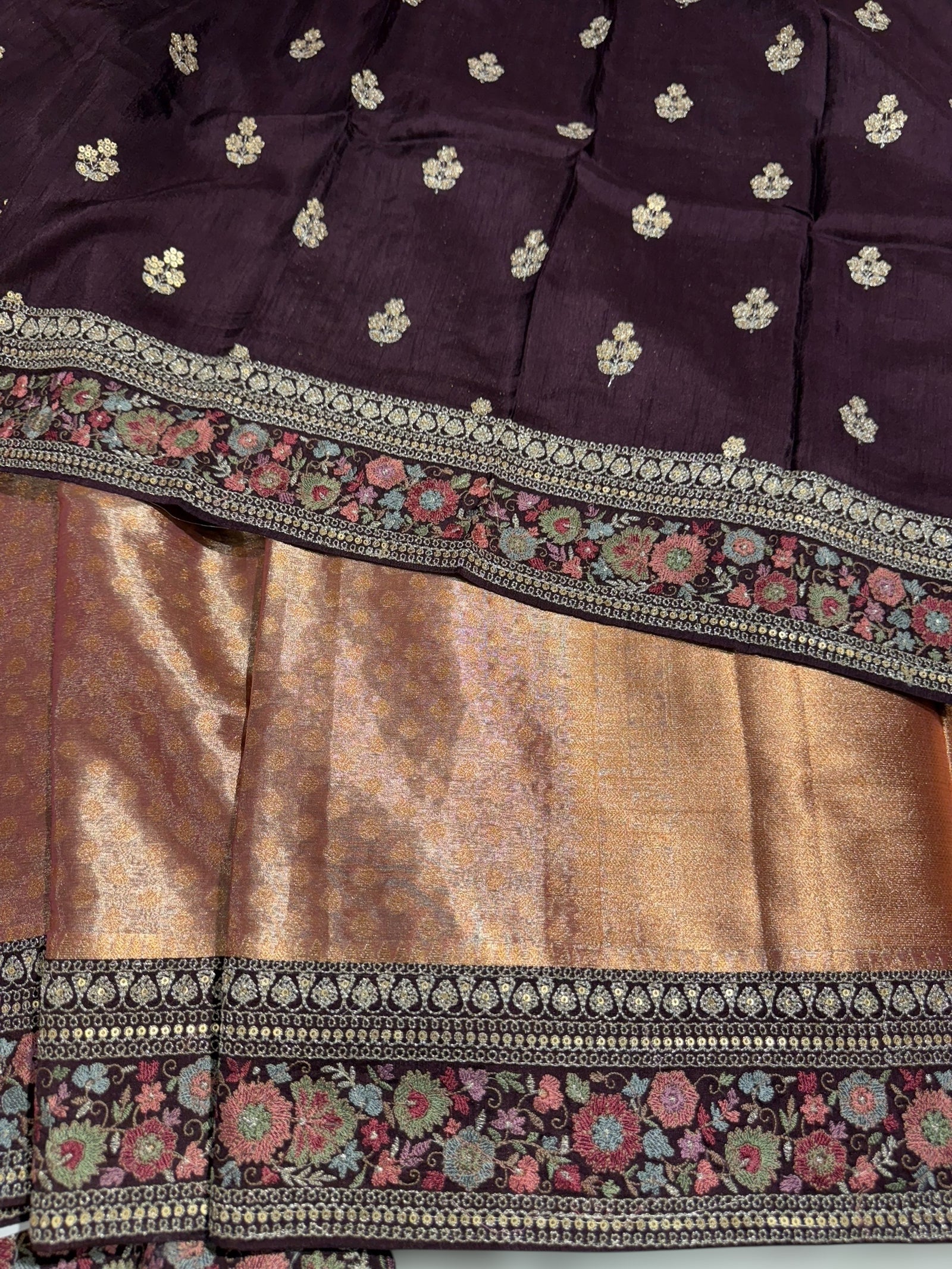 Copper Banarasi brocade tissue saree with sabhya borders