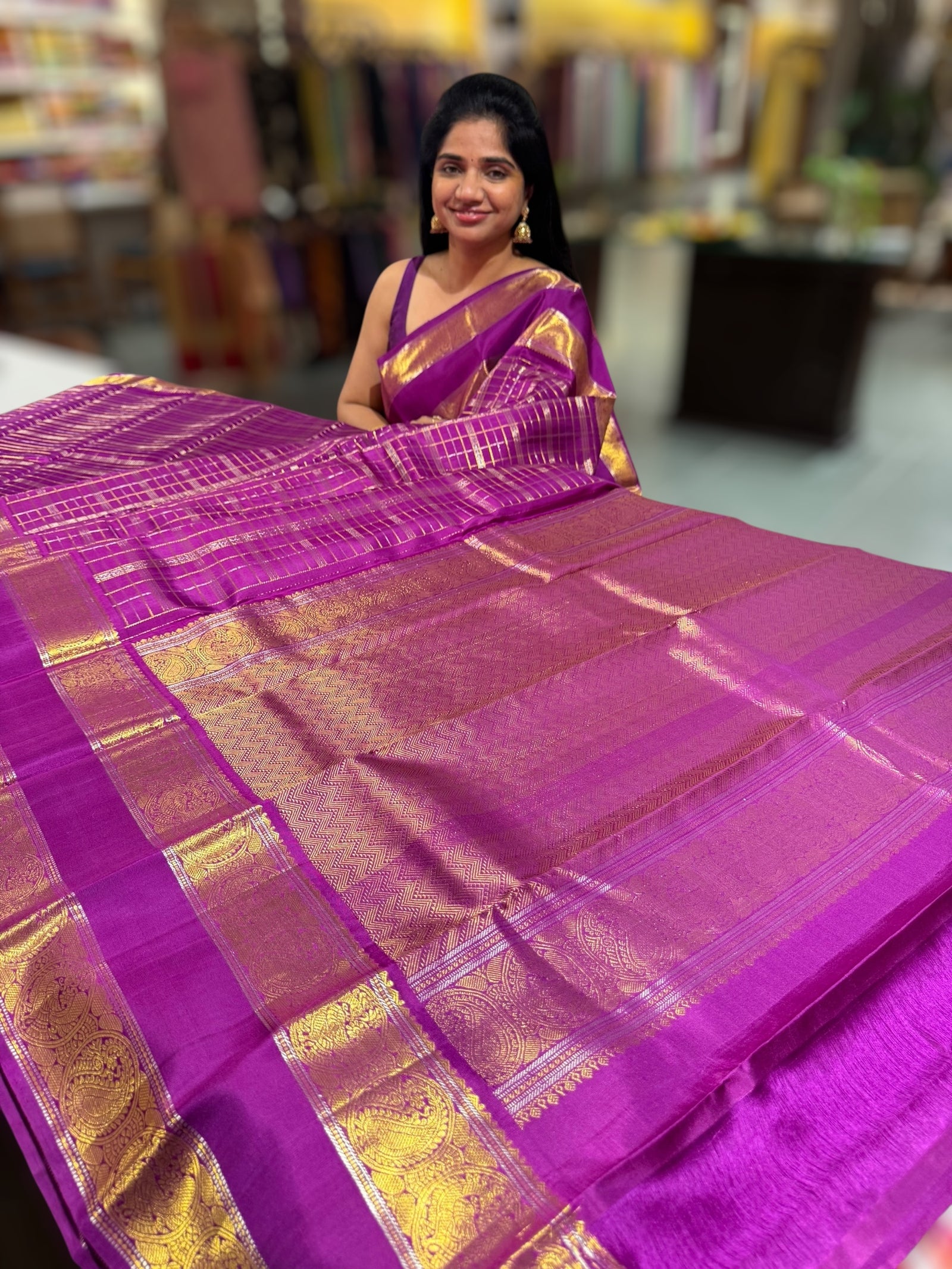Purple Vintage Checks Kanjeevaram Saree