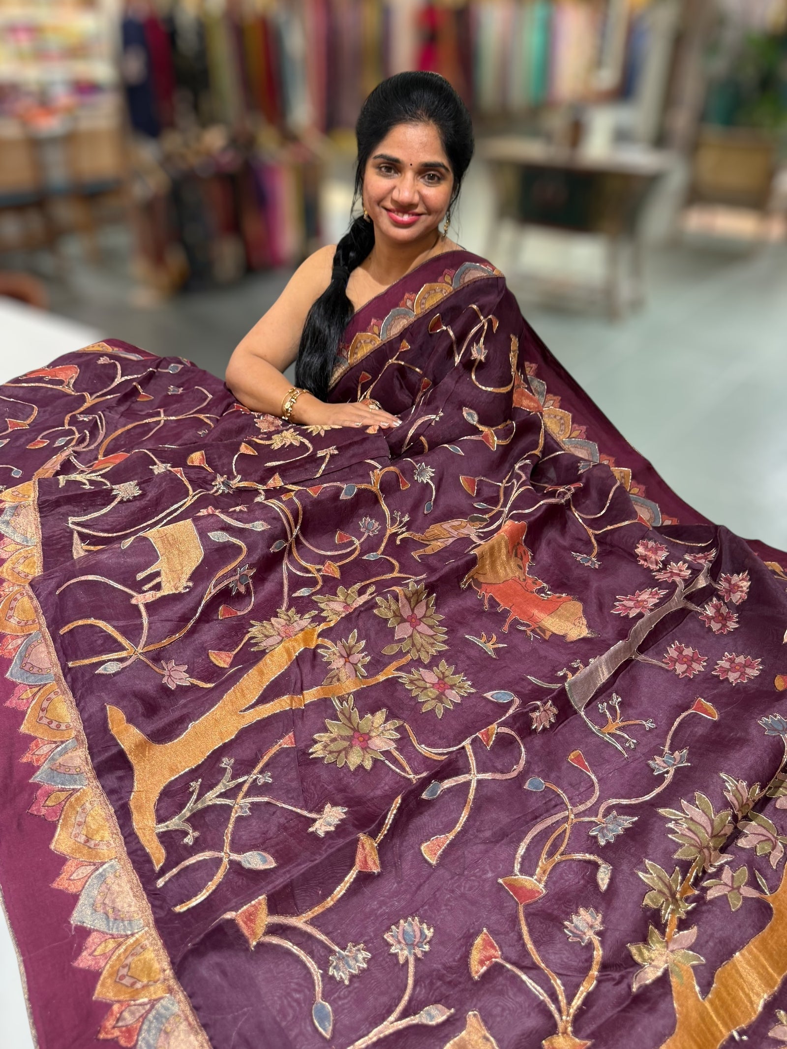 Wine Designer Organza Saree with Stunning Tissue Applique work Saree with Village theme