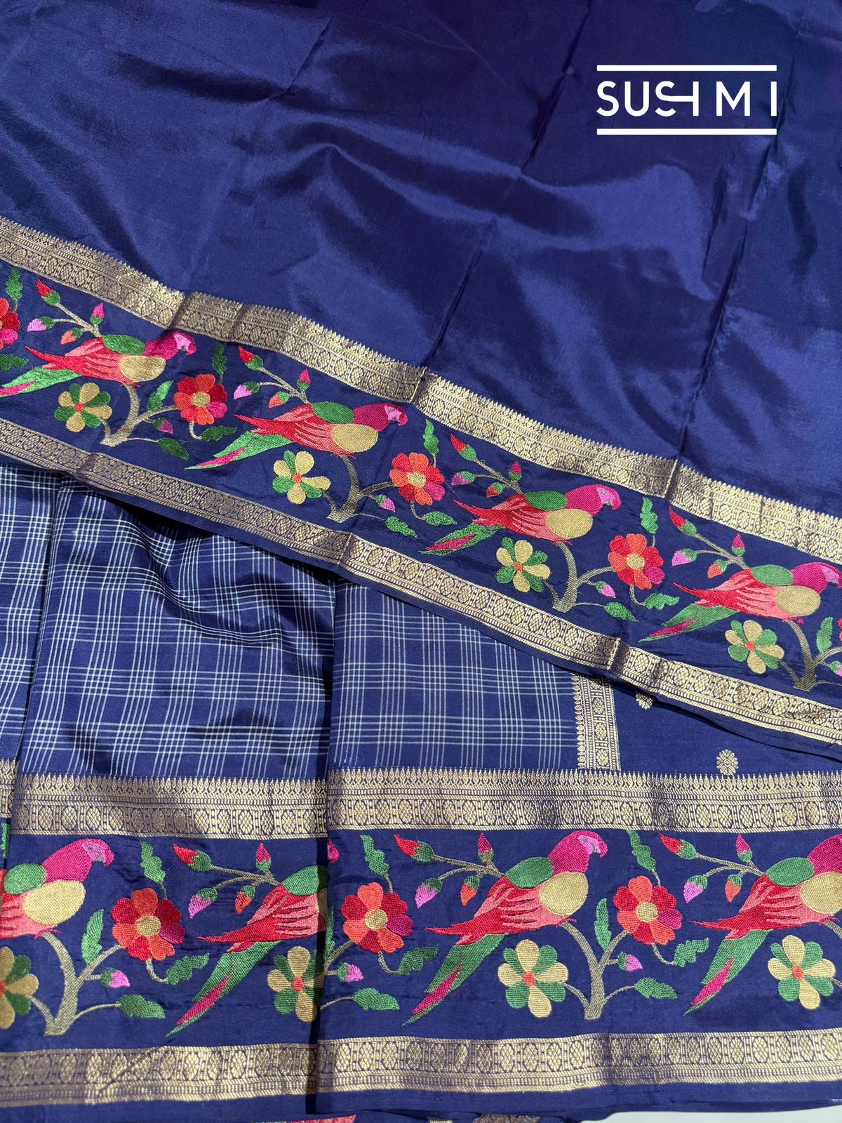 Midnight Blue Vintage checks Kanjeevaram soft silk saree with embroidery D62F040