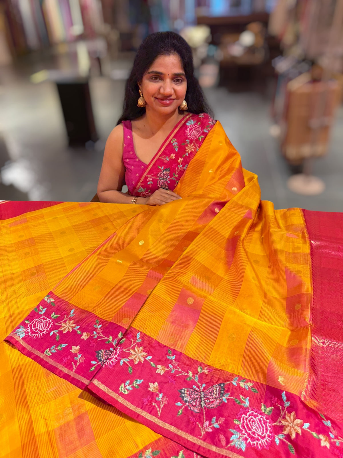 Mustard checks vintage style Kanchi Soft Silk Saree with petite point embroidered border