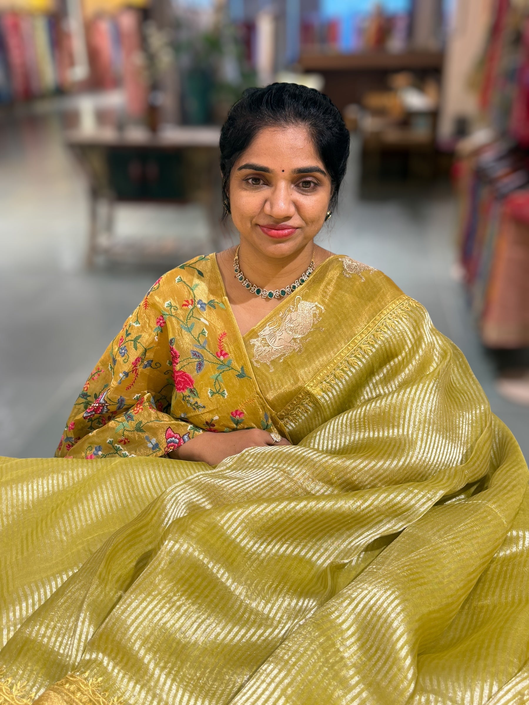 Lime Green Kora tissue stripes Saree with Nandi embroidered tissue border