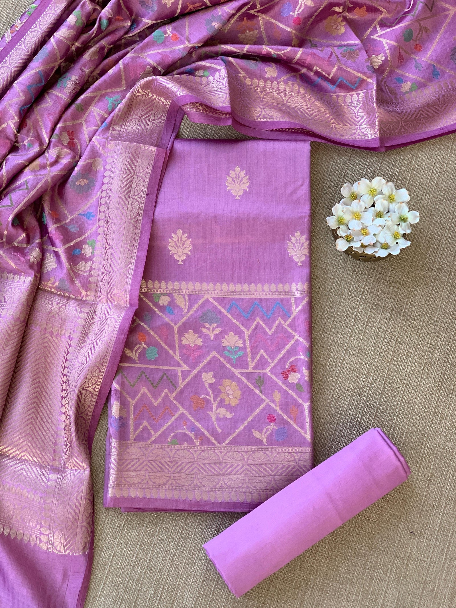 Lilac Pink Banarasi Chiniya Silk Suit set SS62J01