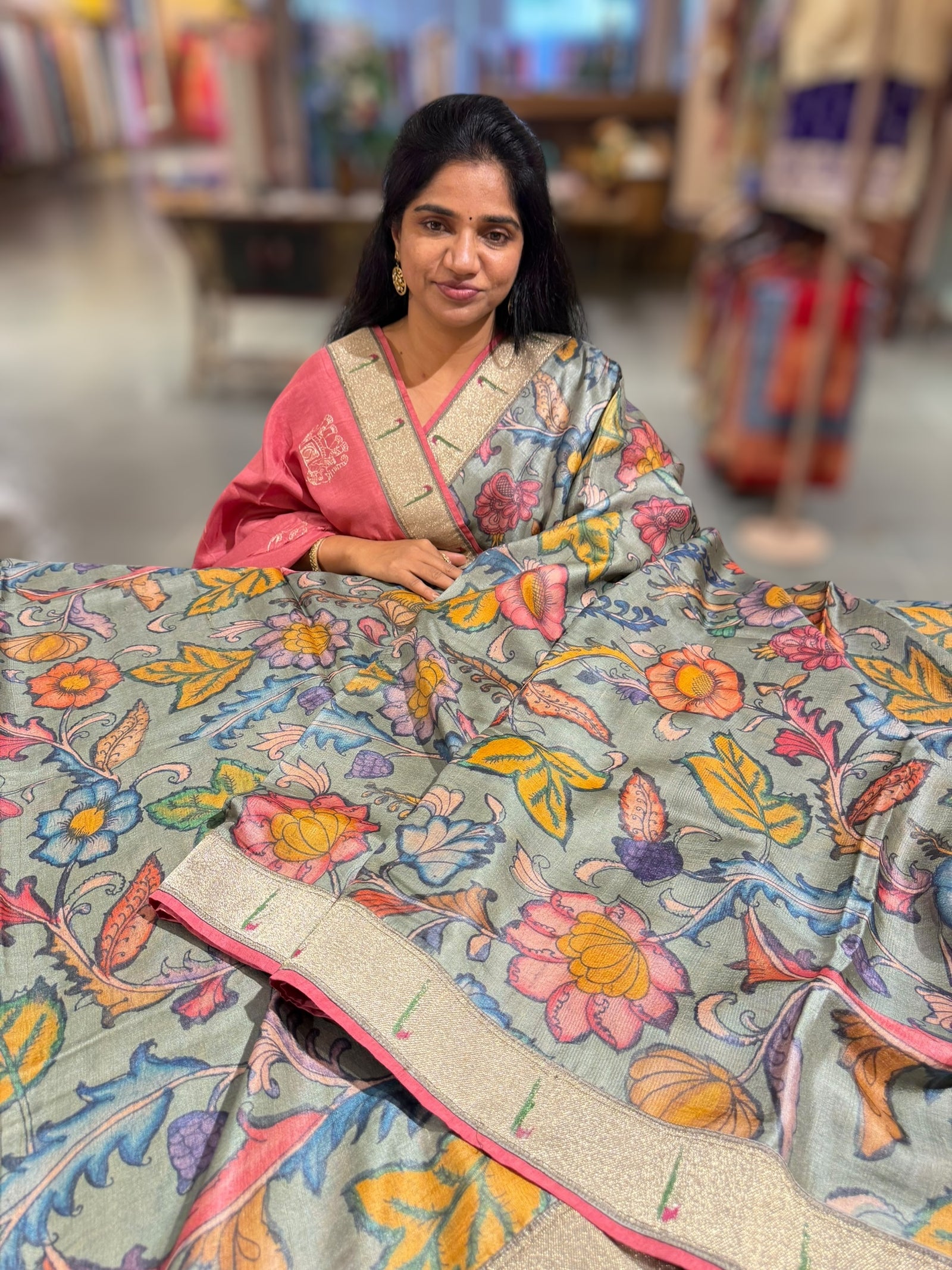 Pure Handloom Tussar kalamkari Saree with pythani single muniya borders