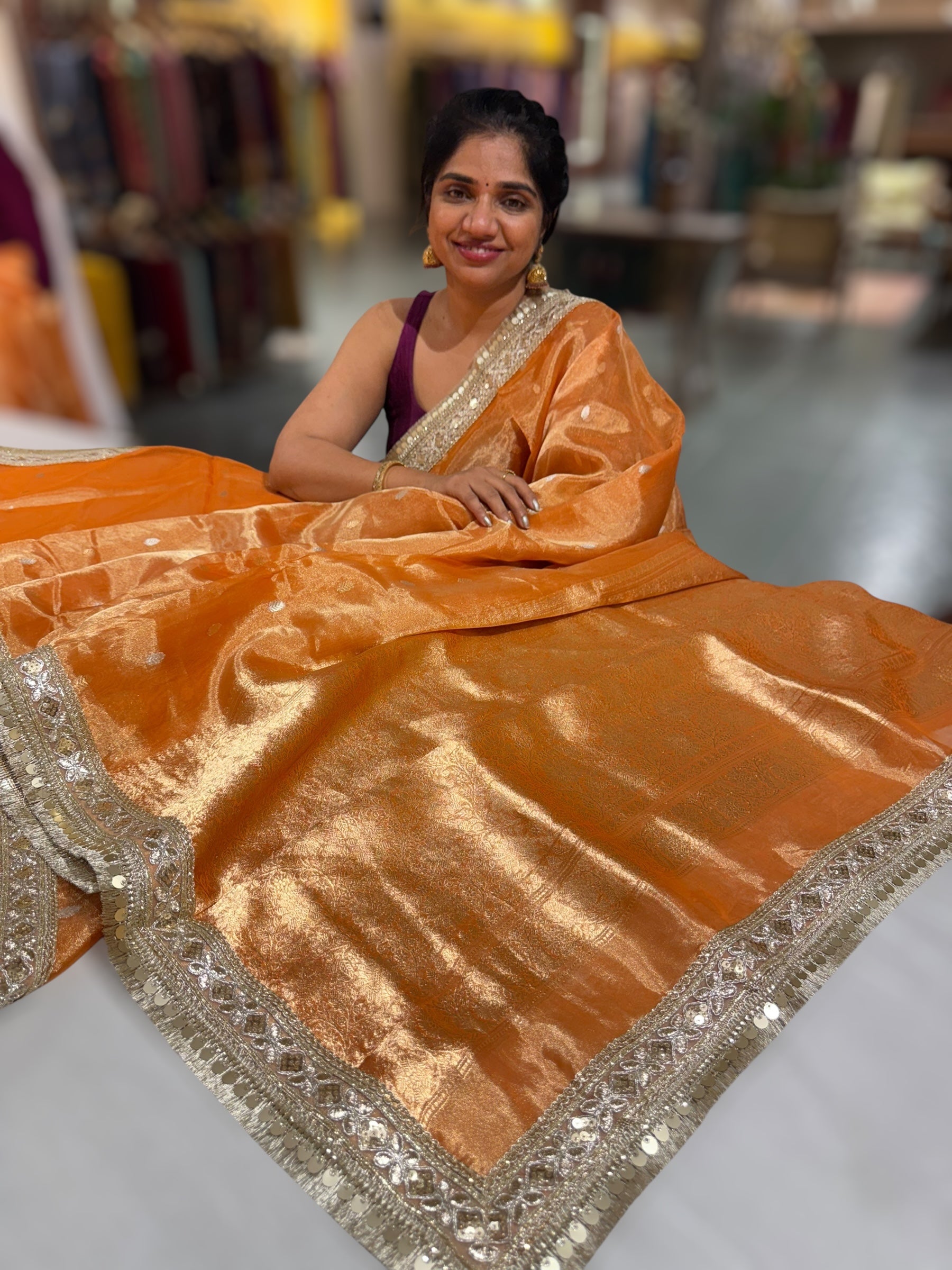 Orange Pure handloom Banarasi Tissue saree