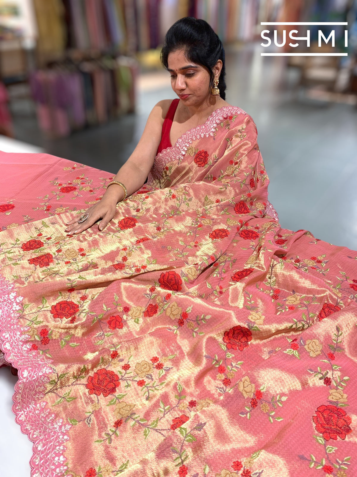Peach Pink Designer Banarasi Brocade Tissue Saree S62113