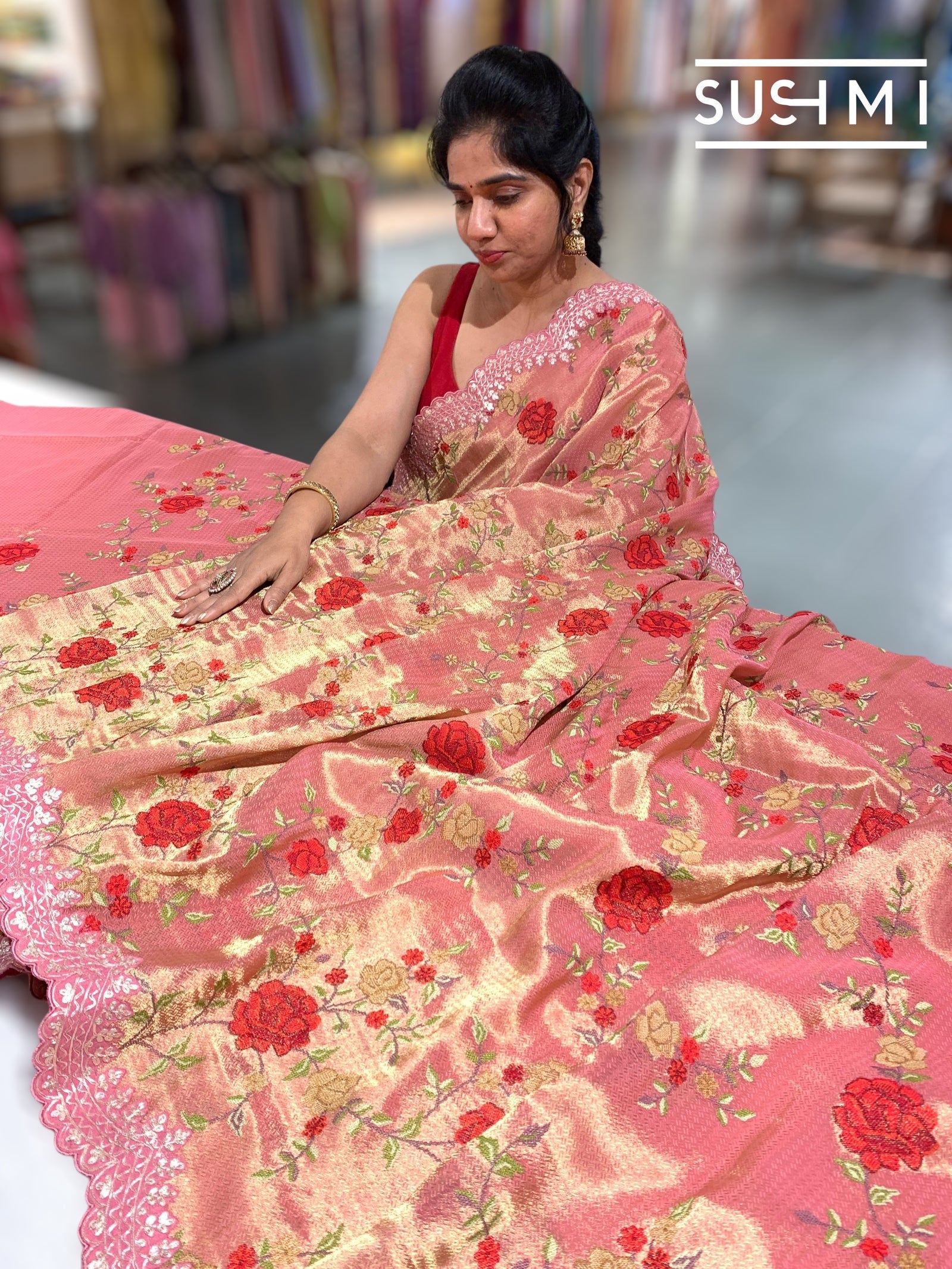 Peach Pink Designer Banarasi Brocade Tissue Saree S62113