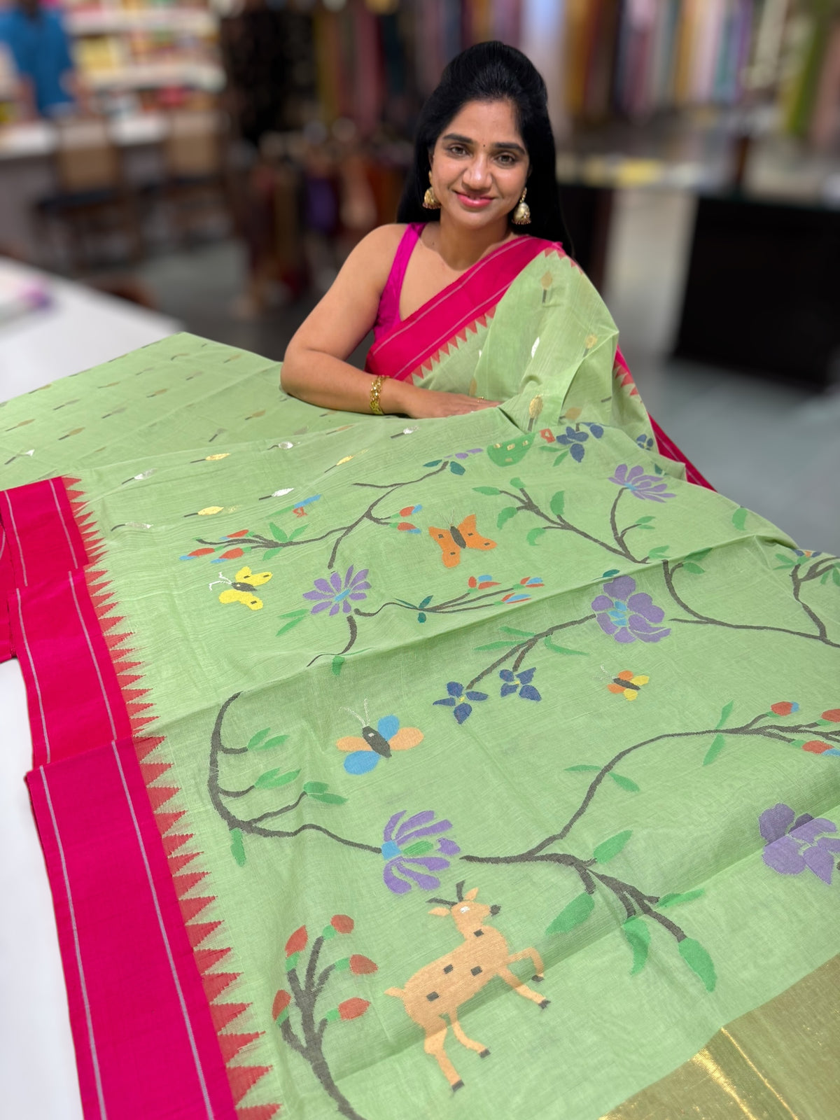 Pista Green pure handloom Ponduru Khadi jamdani Saree