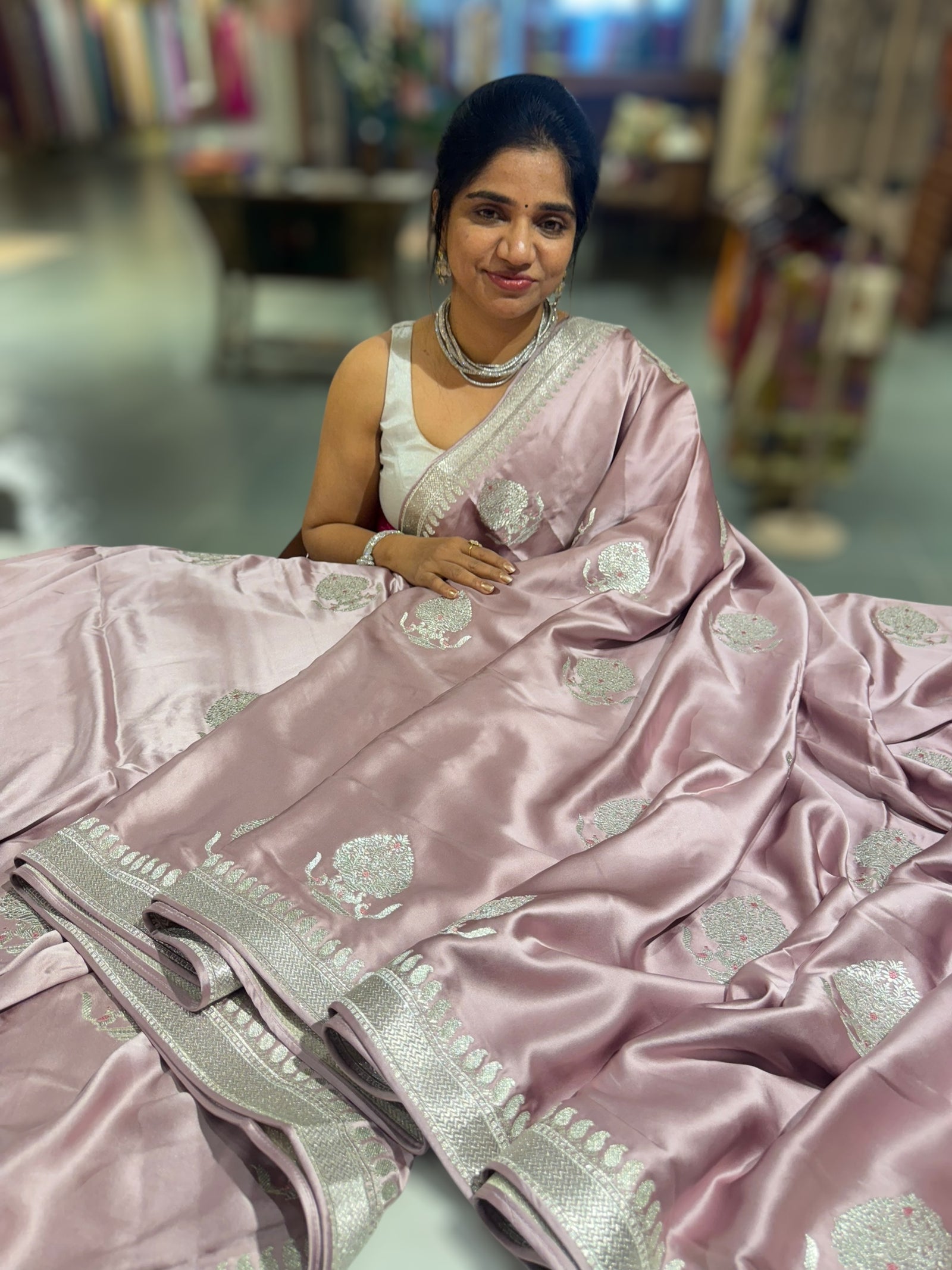 Dusty Pink Pure Satin Saree with Embroidery.