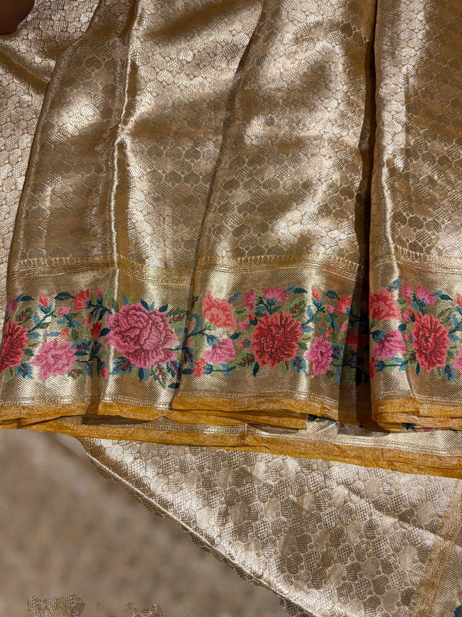 Mustard Banarasi Tissue Brocade Saree with Petite Point Embroidered Border