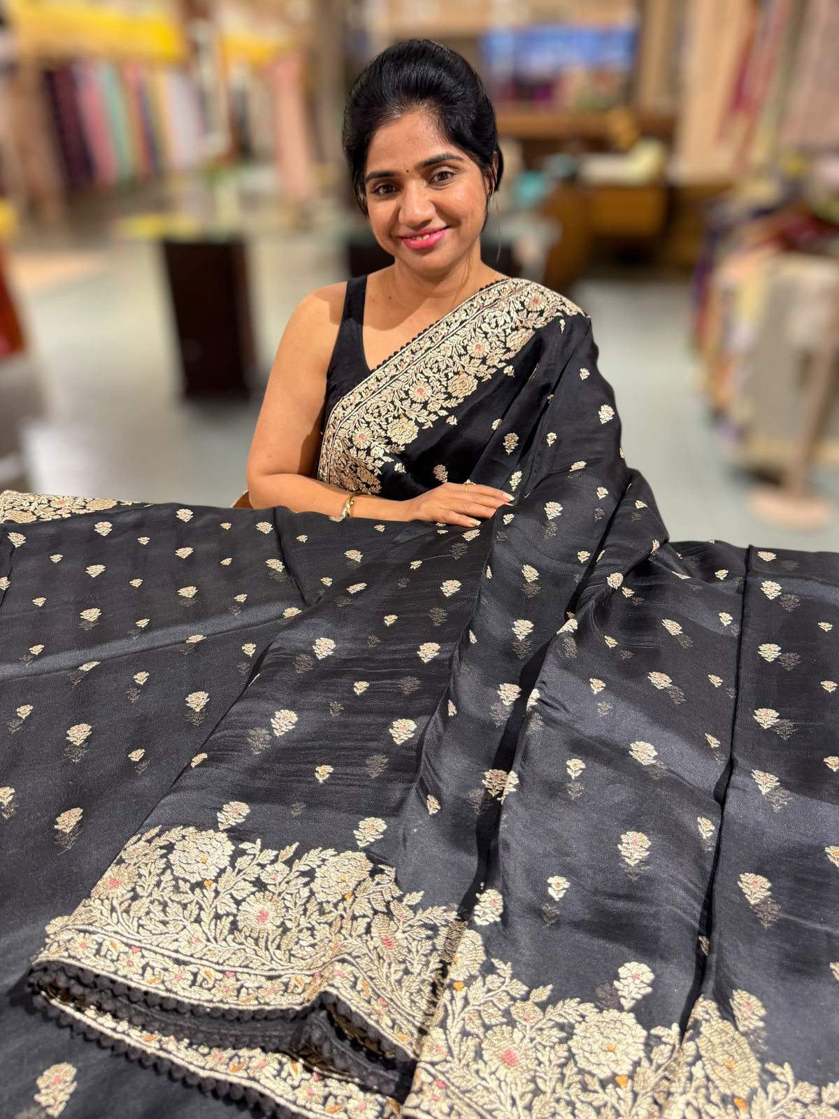 Black Organza Saree with gold zari embroidery