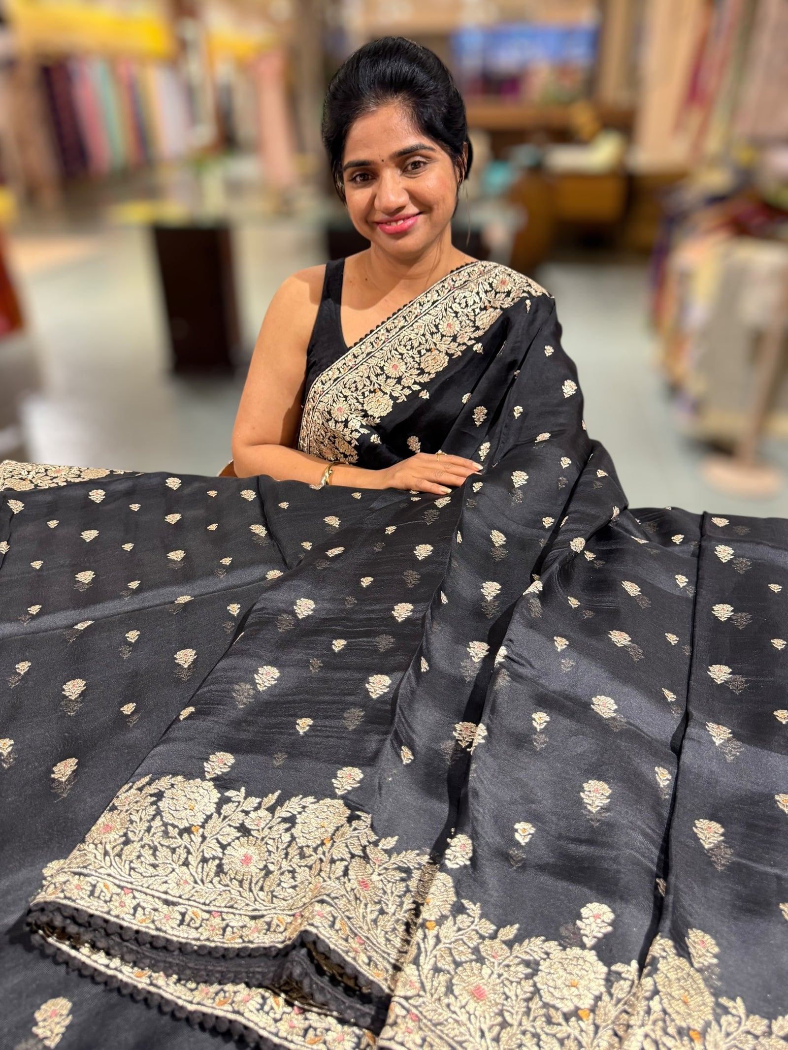 Black Organza Saree with gold zari embroidery