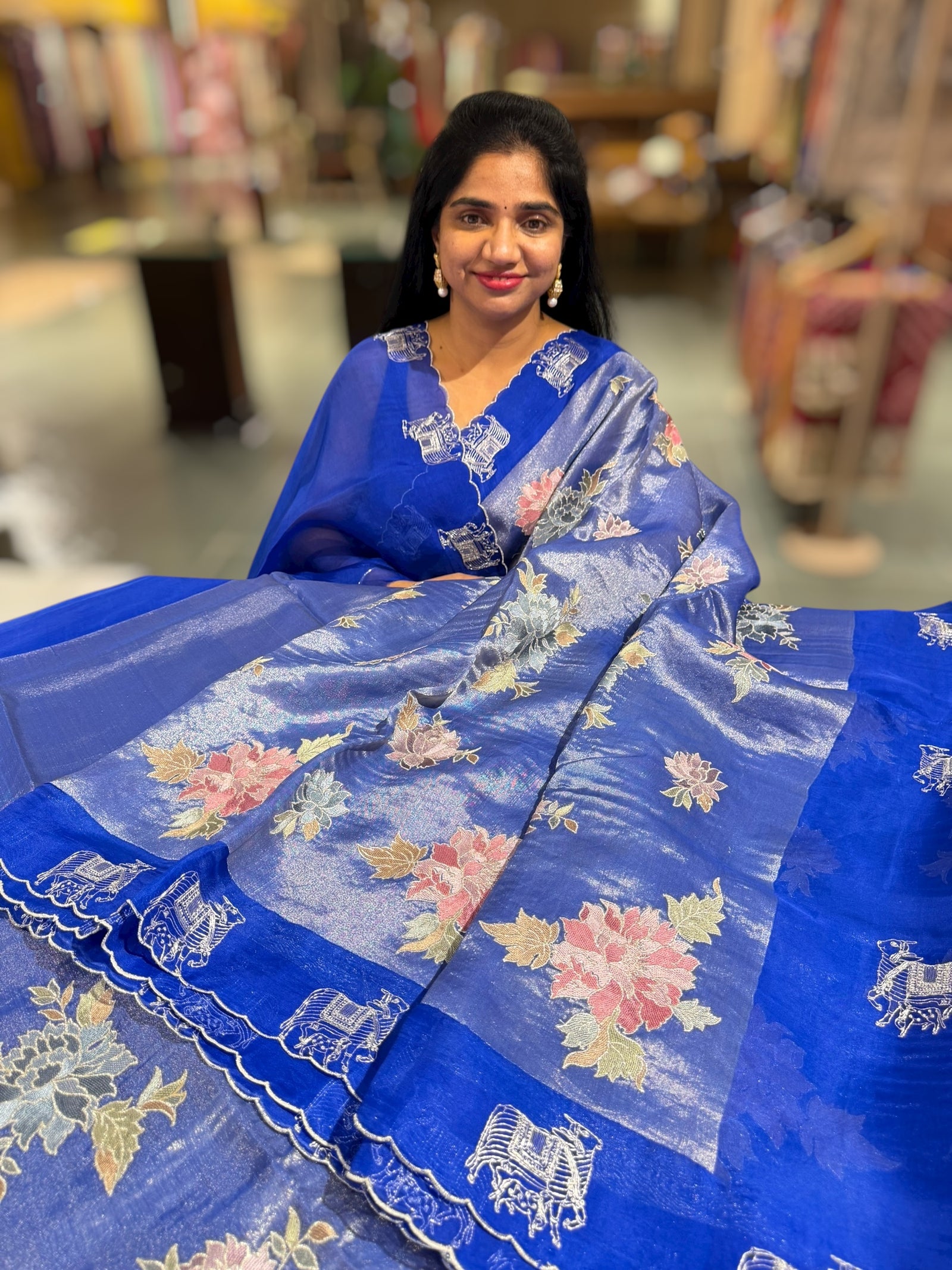 Electric Blue Premium Handloom Designer Tissue saree with exquisite embroidery