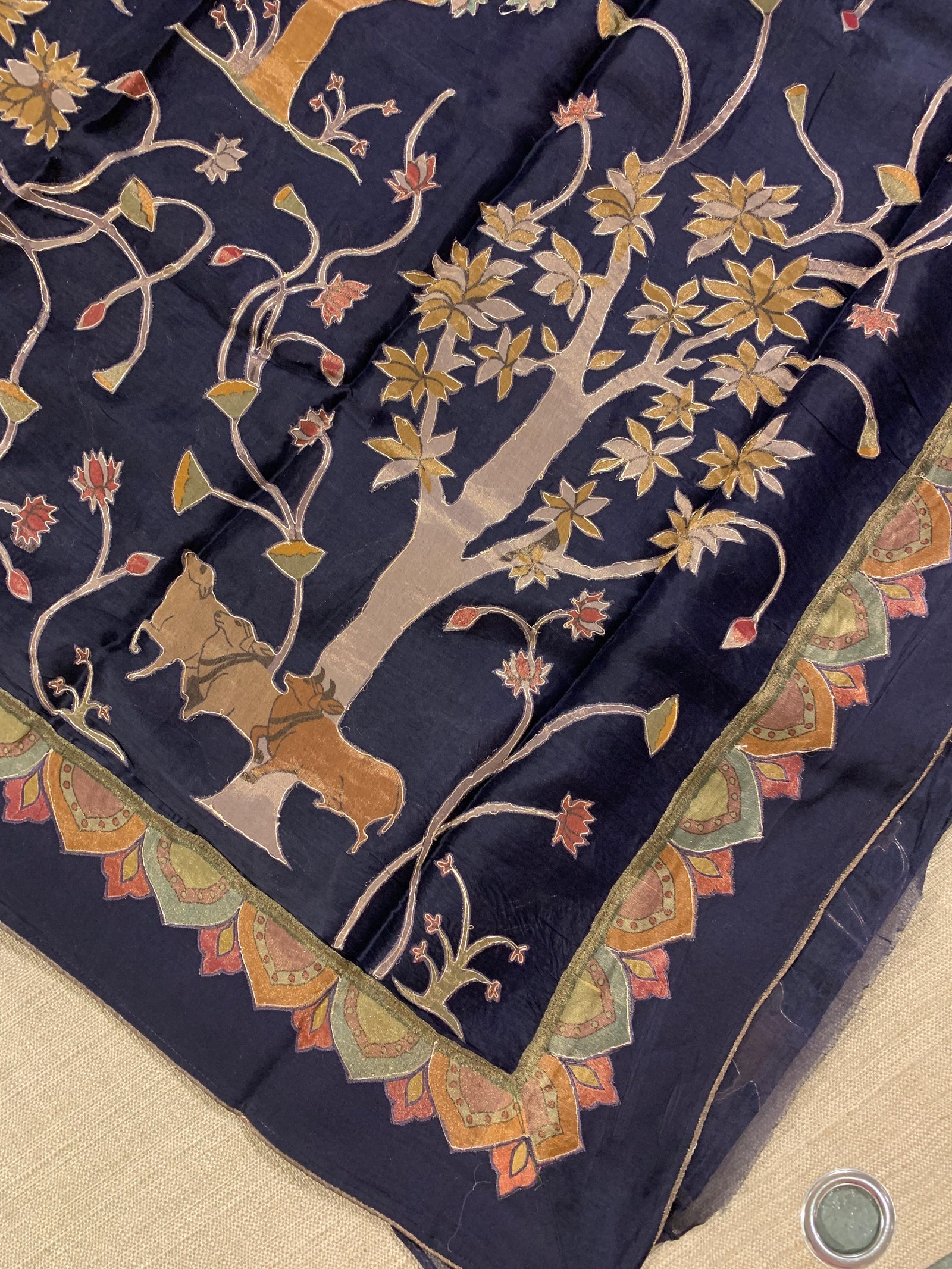 Midnight Blue Designer Organza Saree with Stunning Tissue Applique work Saree with Village theme