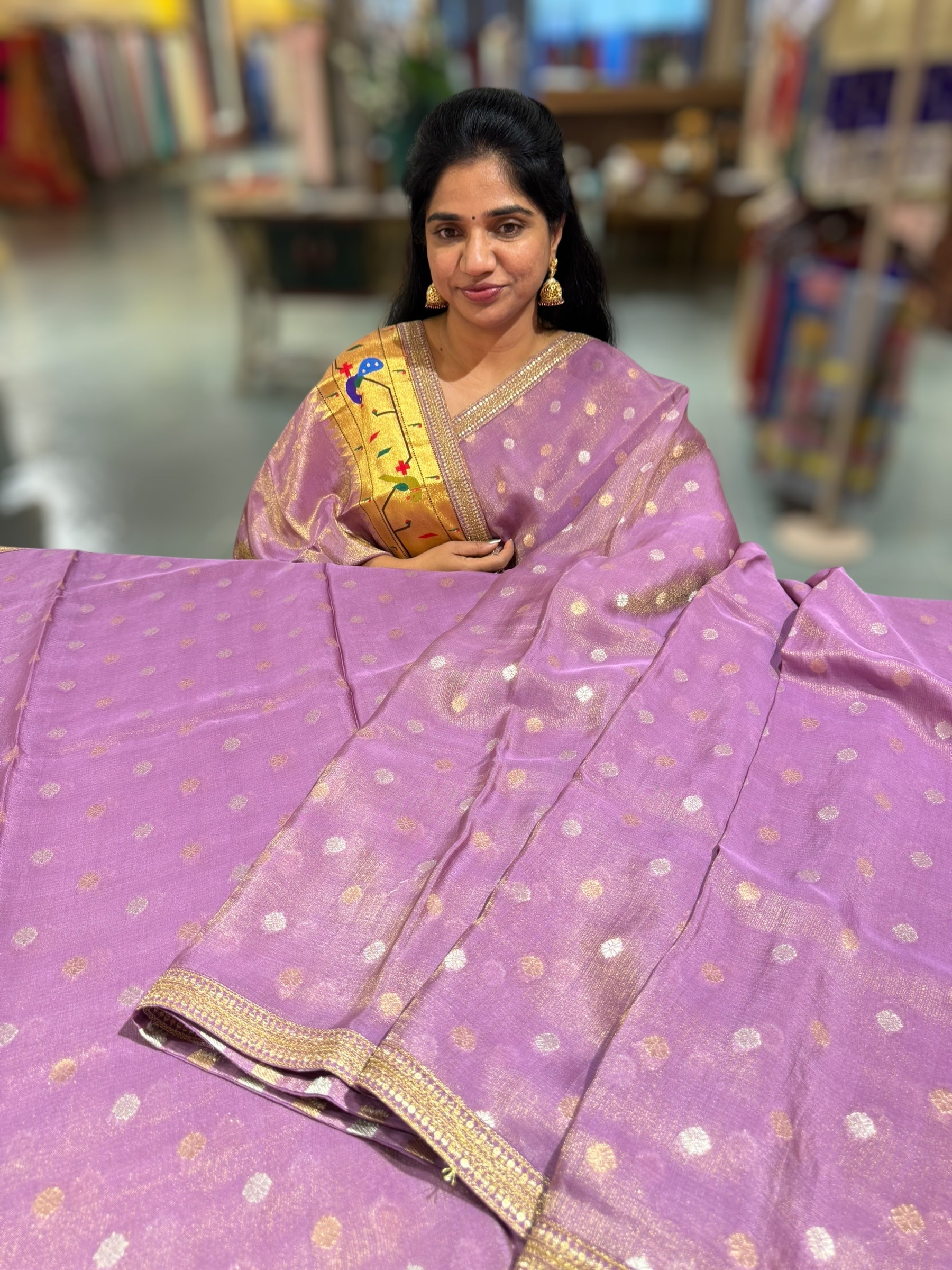 Lilac tissue Kota saree with sabyasachi borders and fancy Pythani tissue blosue