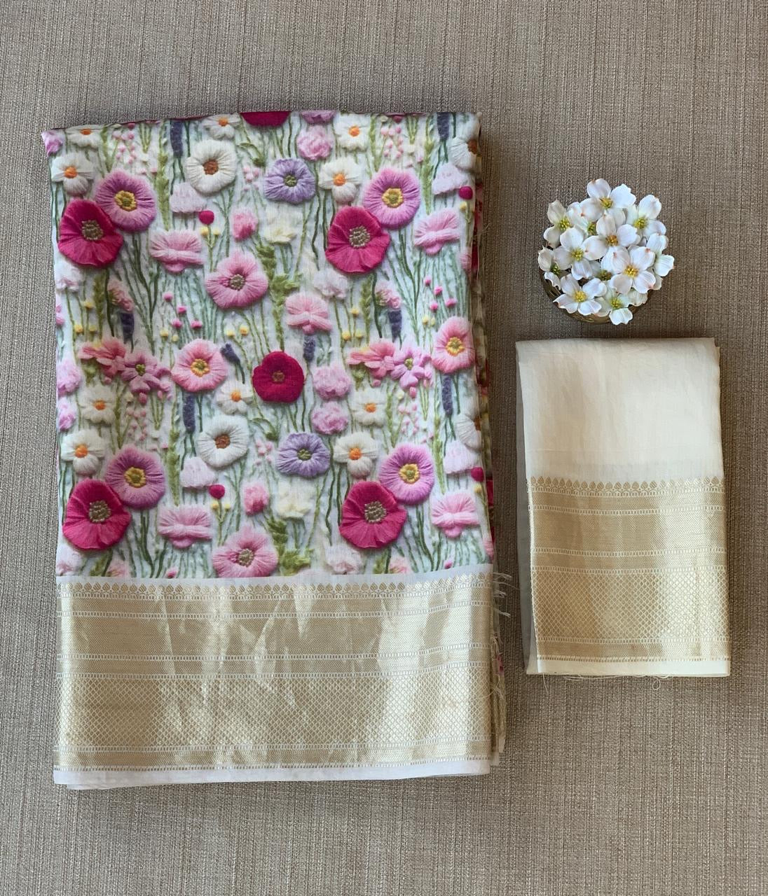Ivory Pure Handloom Chiniya Silk Saree with stunning Floral Print and zari borders