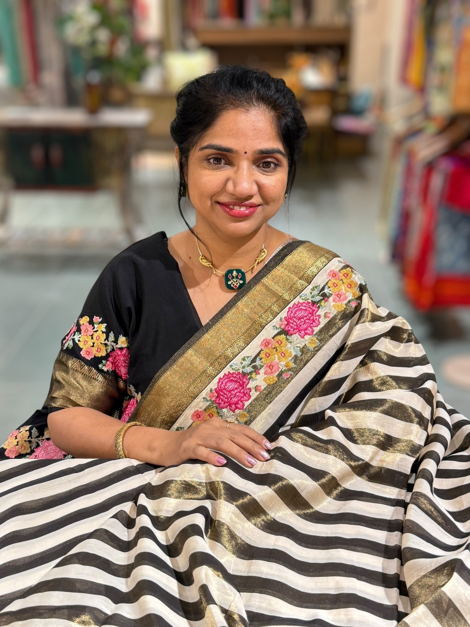 Chanderi Tissue Saree with petite point emb