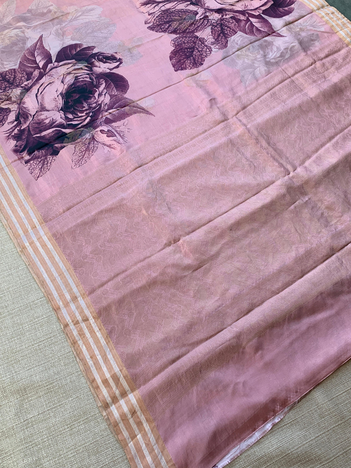 Onion Pink Printed Kanchi Soft Silk Saree with Bold Rose Flower Print.